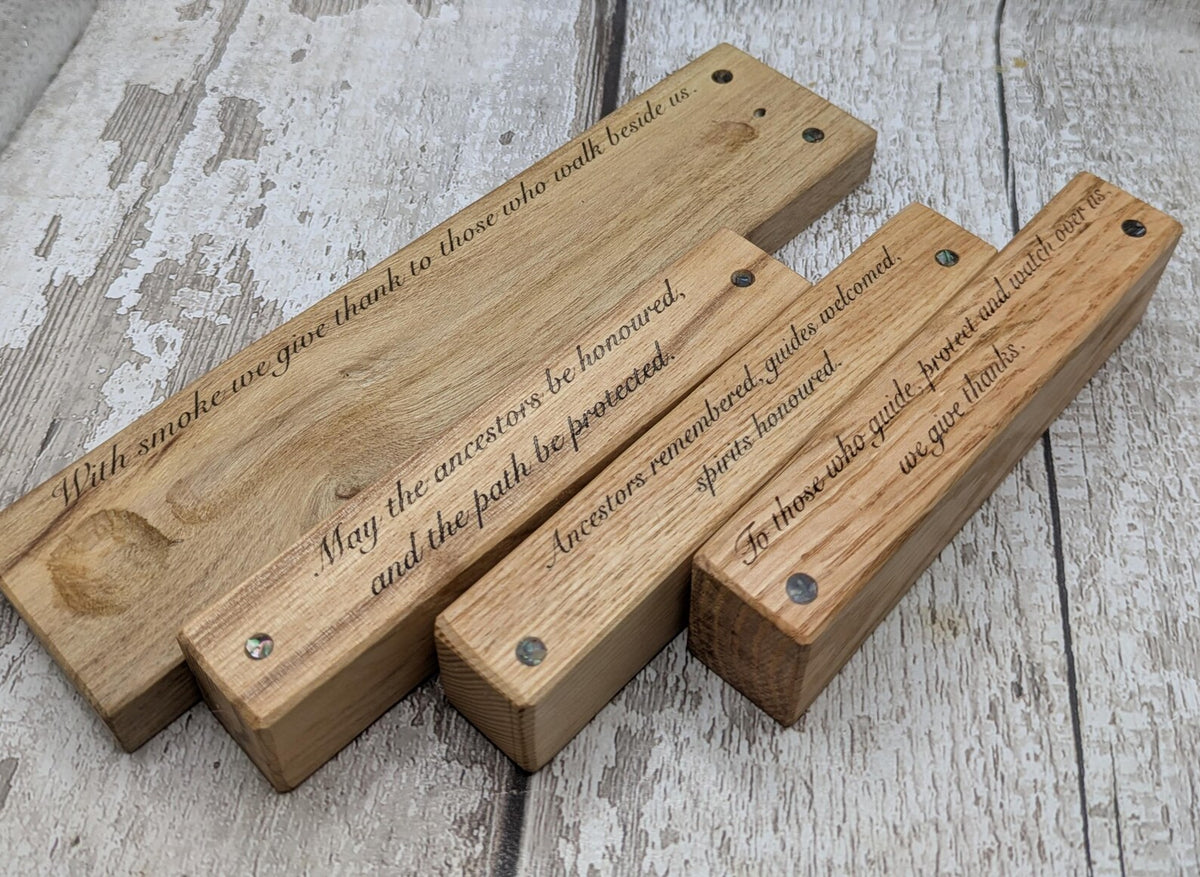 White oak block incense holder with laser printed ancestors print and no abalone.