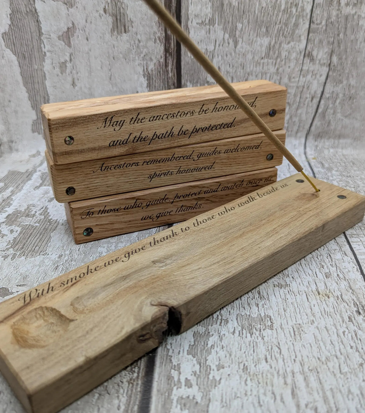 Holly wood hand chiseled, incense holder with NZ abalone and laser printed ancestral saying.