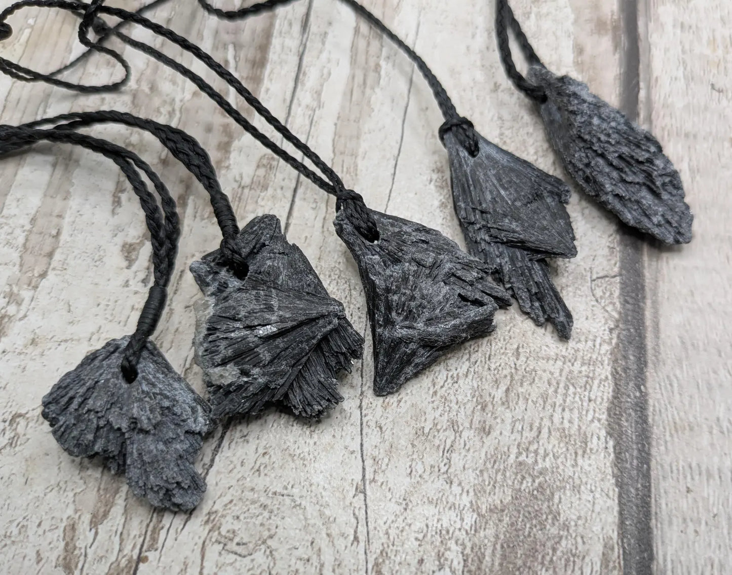 Raw Black Kyanite Fan Pendant – Natural Healing Crystal Necklace, simple and casual jewellery, Each Unique, Handmade Cord Setting