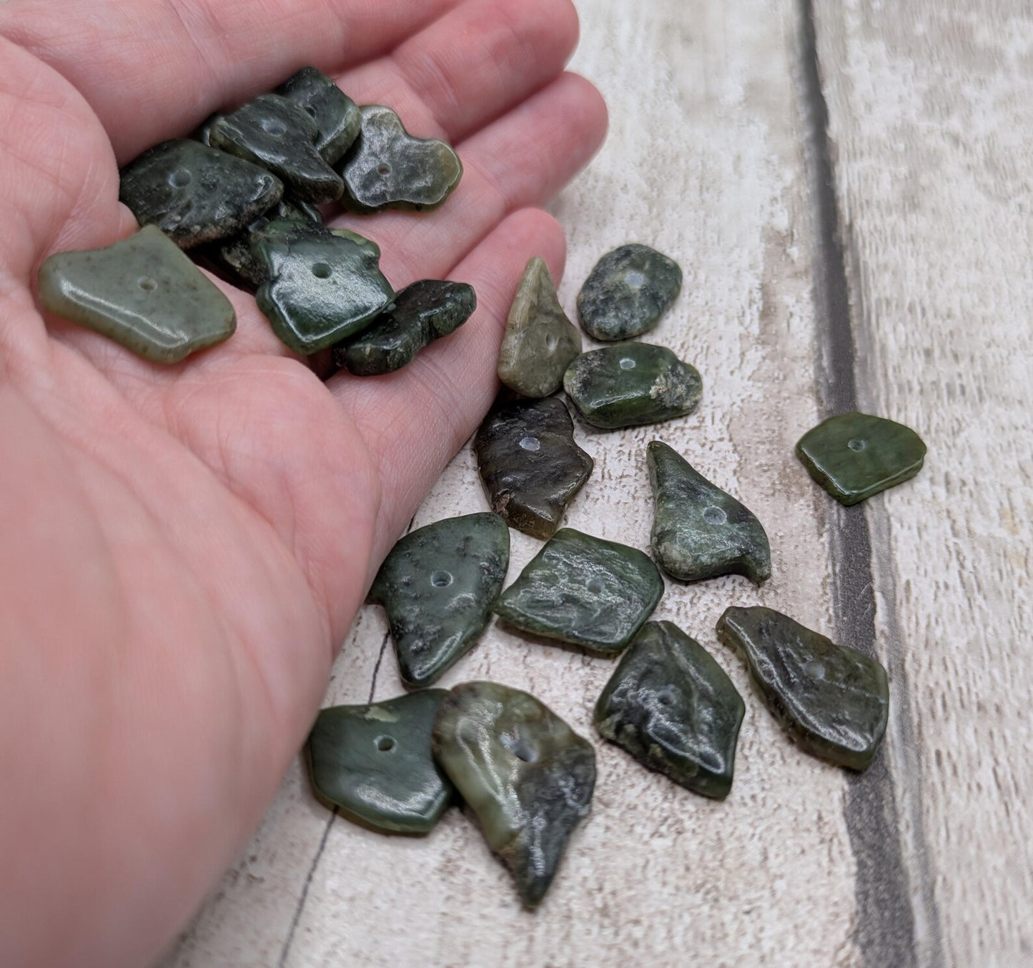 20 Centre-Drilled chunky New Zealand Pounamu Beads – Tumble polished Greenstone Offcuts for Jewellery Making and craft projects.