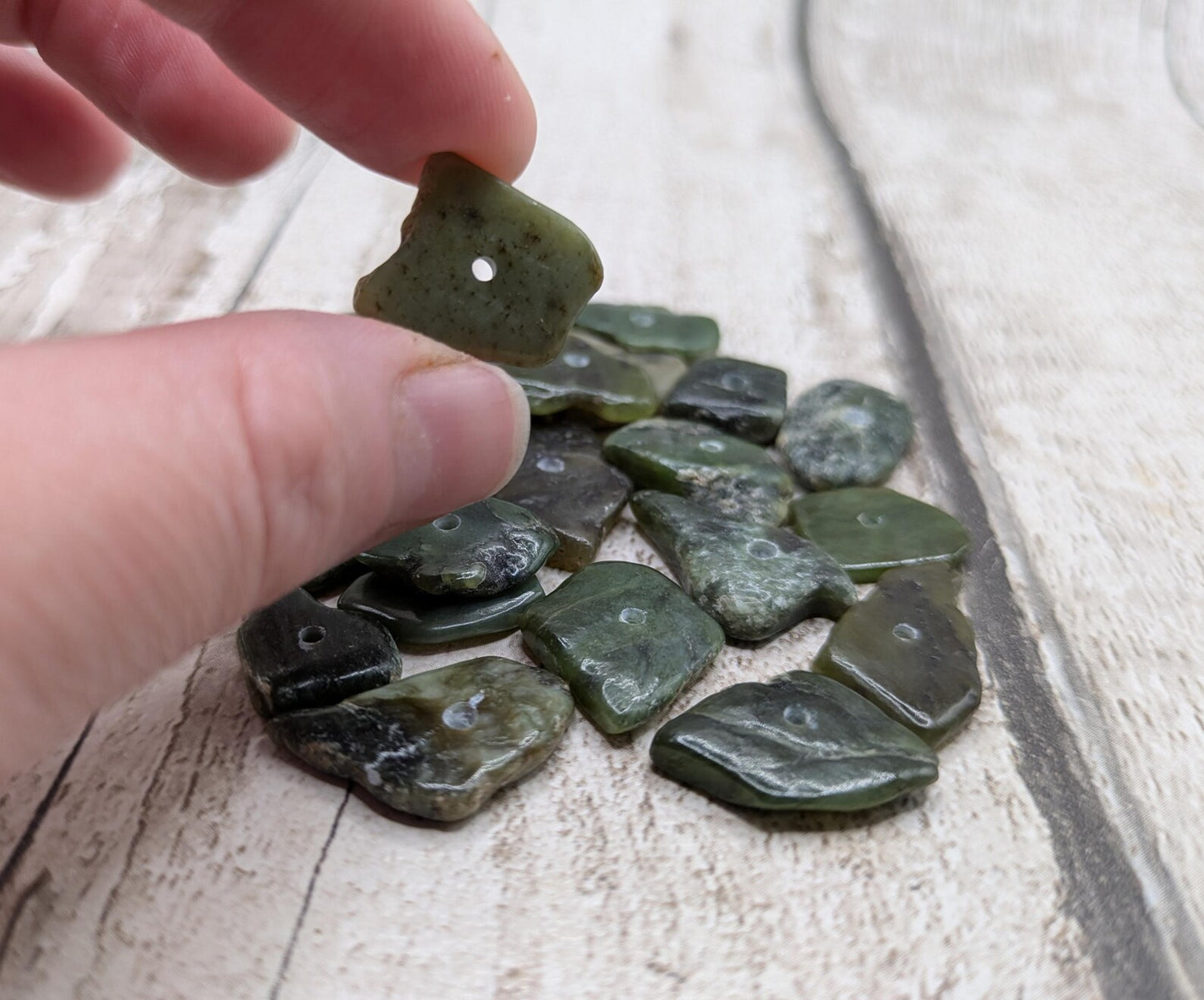 20 Centre-Drilled chunky New Zealand Pounamu Beads – Tumble polished Greenstone Offcuts for Jewellery Making and craft projects.