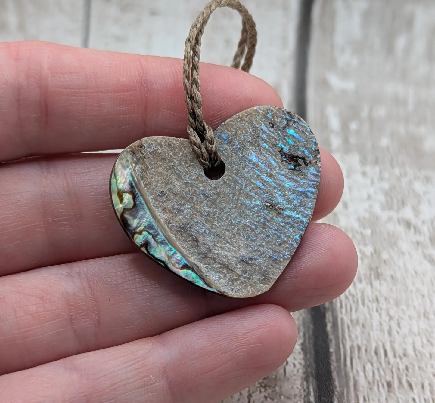 New Zealand Rainbow Pāua Heart Pendant – sea ocean themed love Tonga, Iridescent Abalone Necklace on Adjustable Waxed Cord.