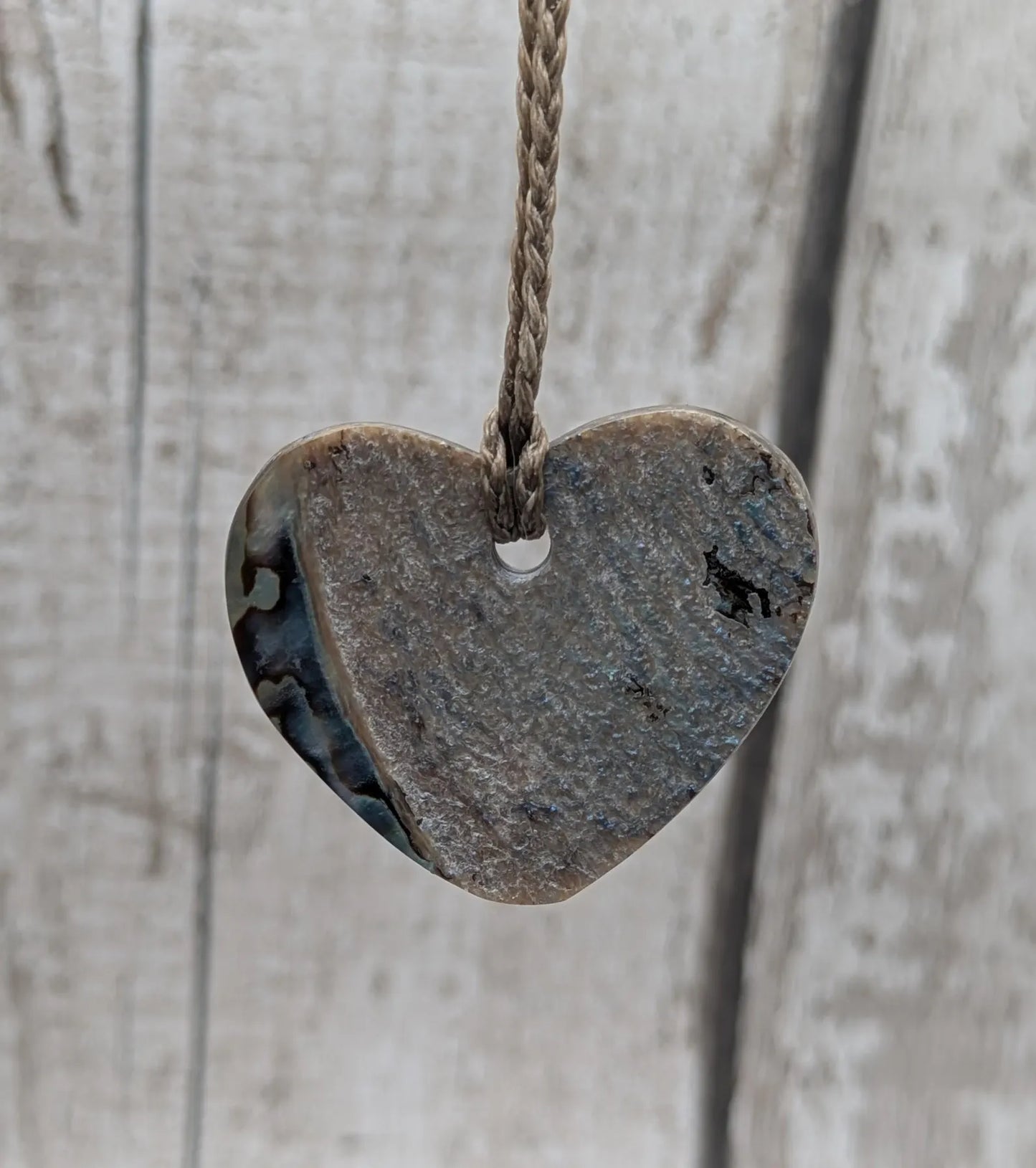 New Zealand Rainbow Pāua Heart Pendant – sea ocean themed love Tonga, Iridescent Abalone Necklace on Adjustable Waxed Cord.