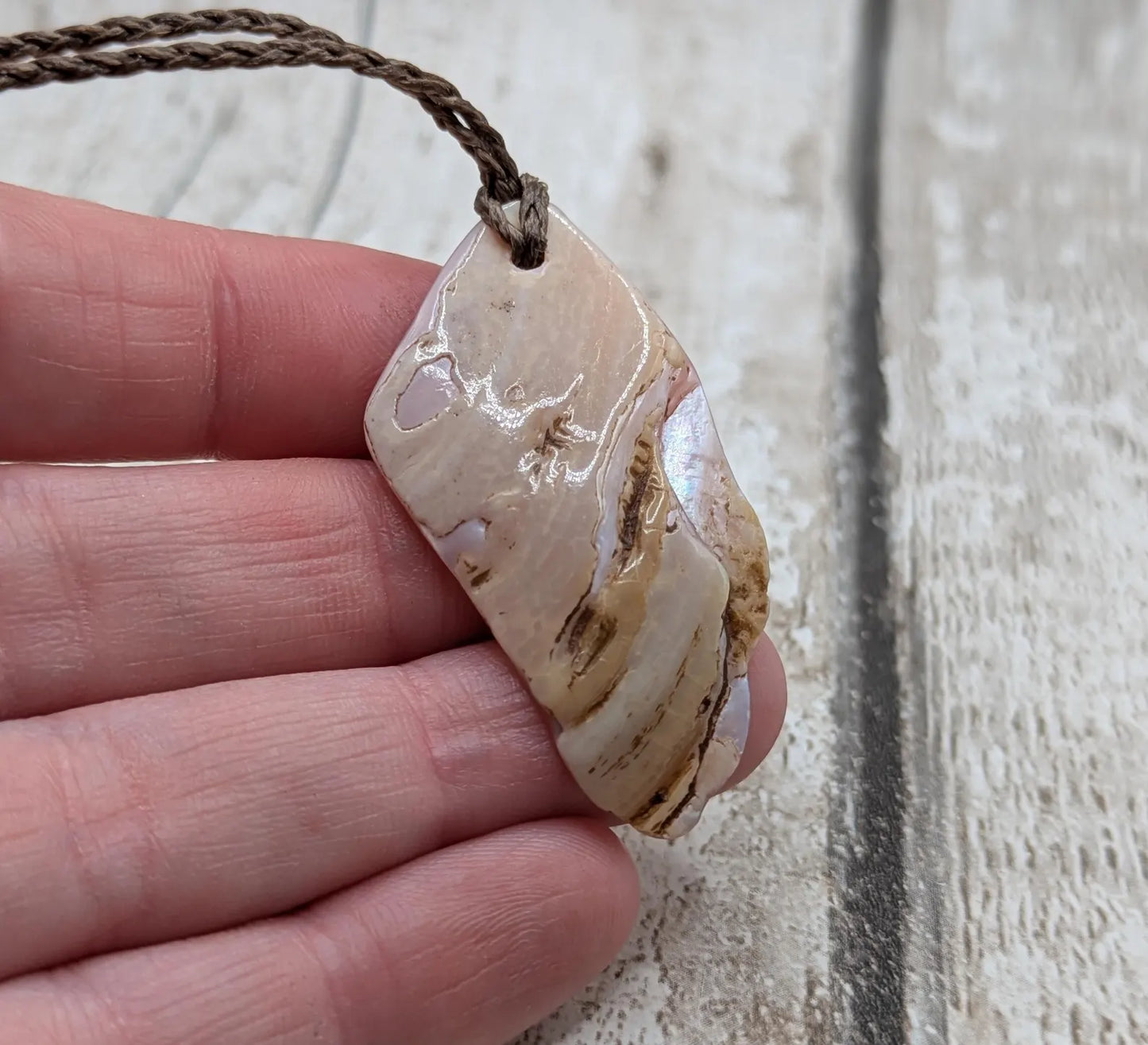 New Zealand pink fresh water mussel, natural tumbled pendant.