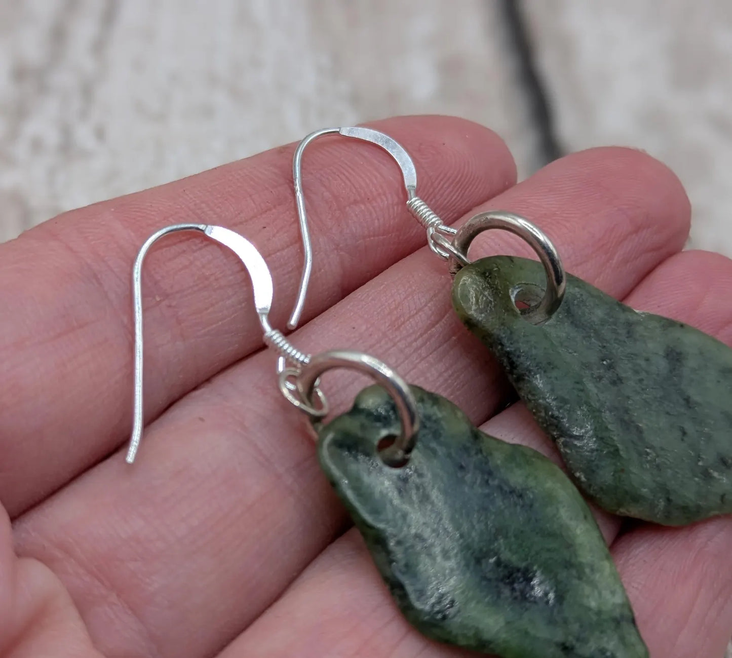 New Zealand pounamu Greenstone jade fish hook earrings.