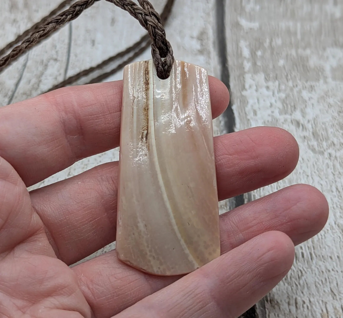 New Zealand pink freshwater mussel shell Toki style pendant.