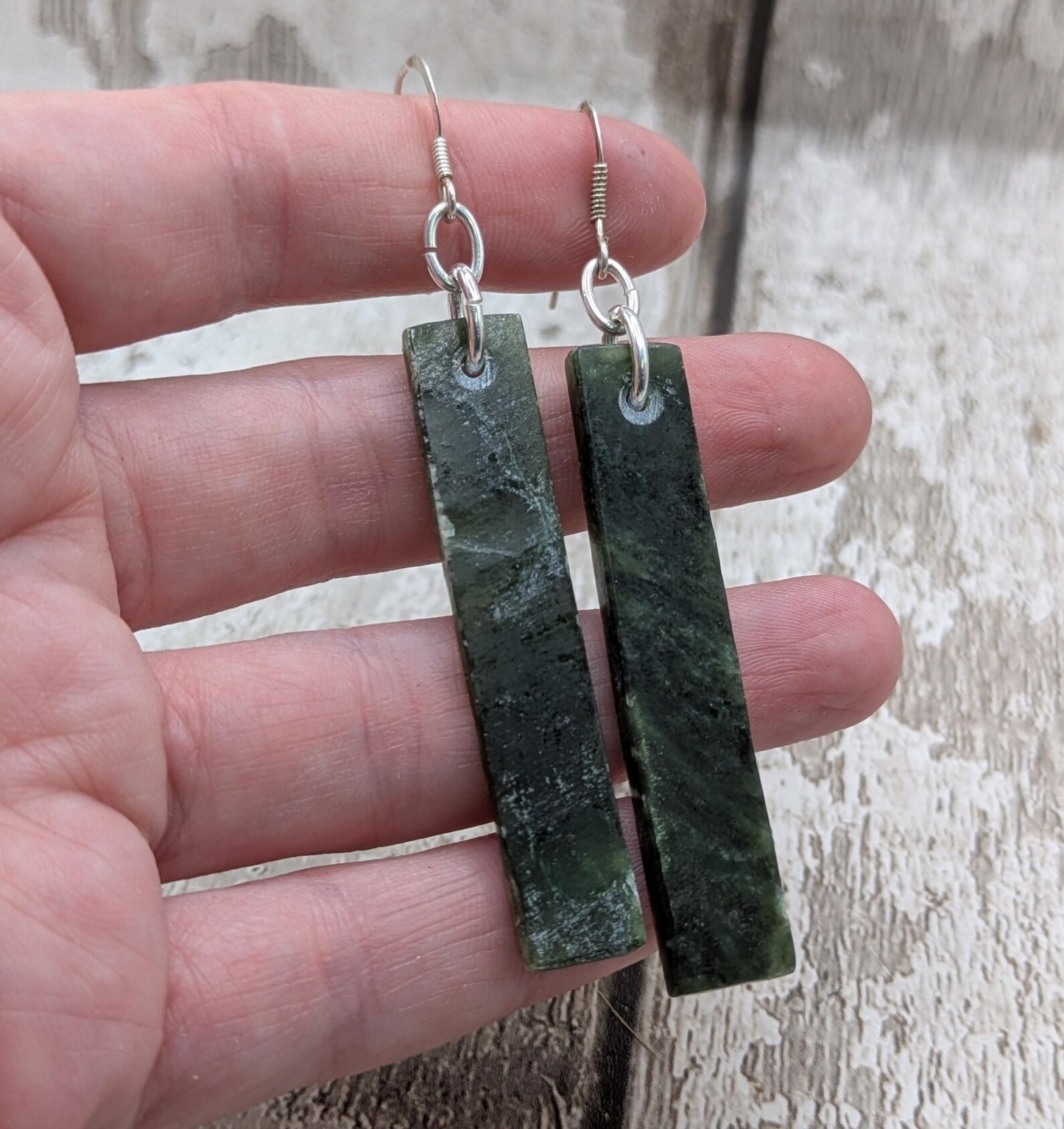 New Zealand Greenstone, nephrite jade rectangular drop earrings.