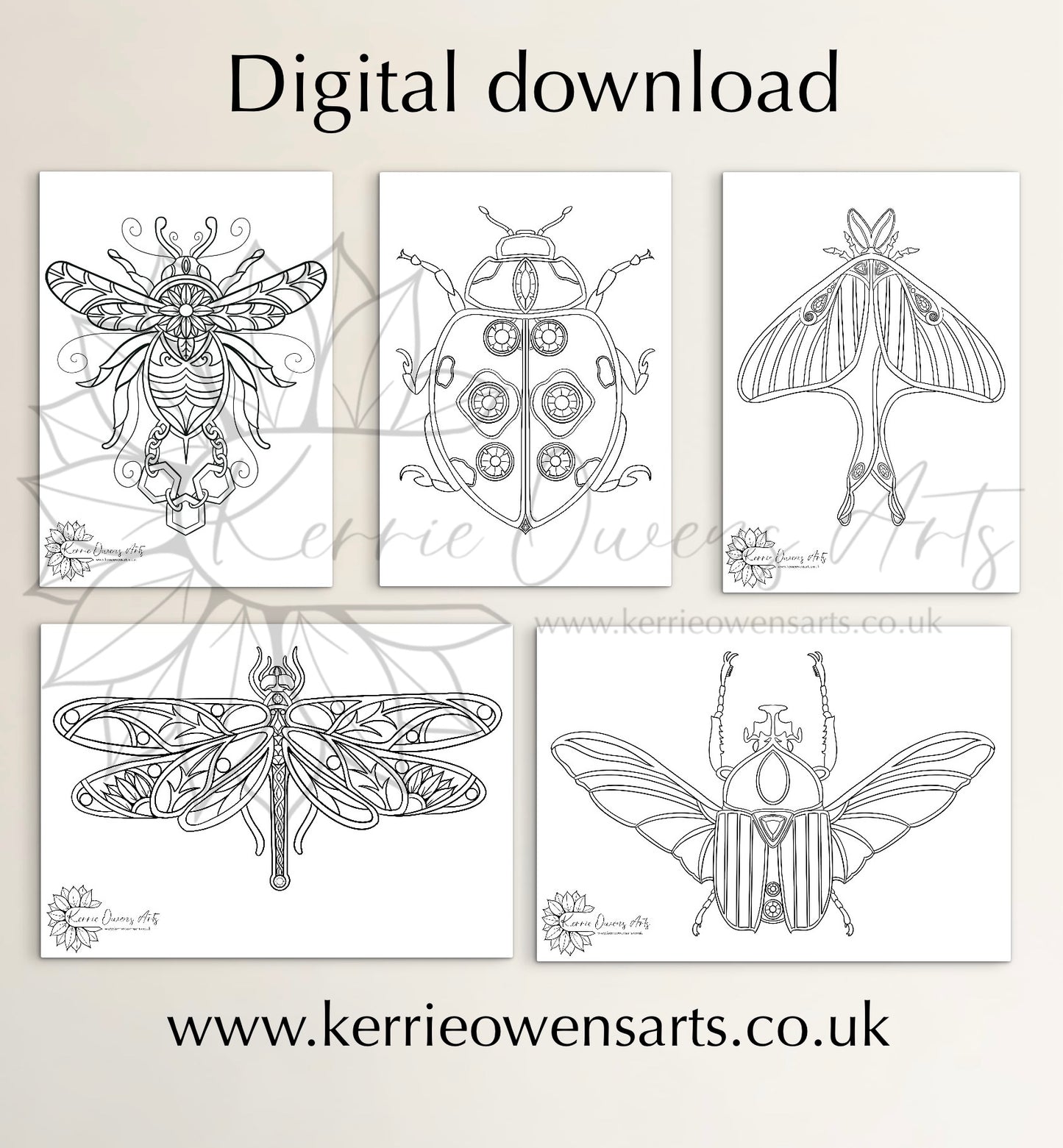 Collection of bejewelled bugs colouring in pages.
