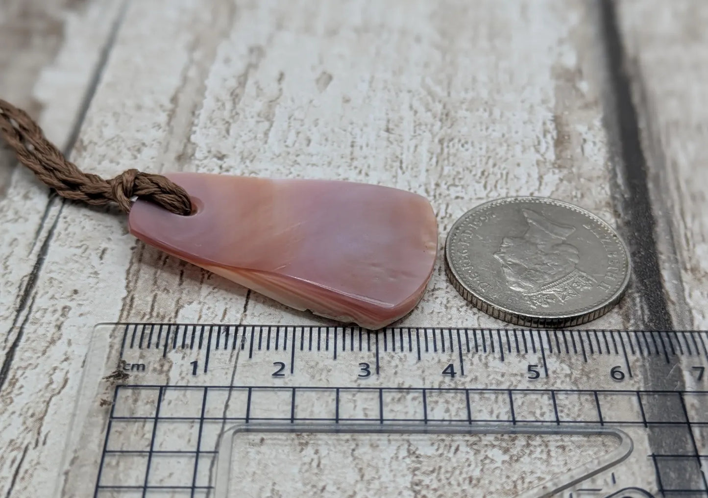 Newzealand freshwater pink mussel shell toki style trapezoid pendant.