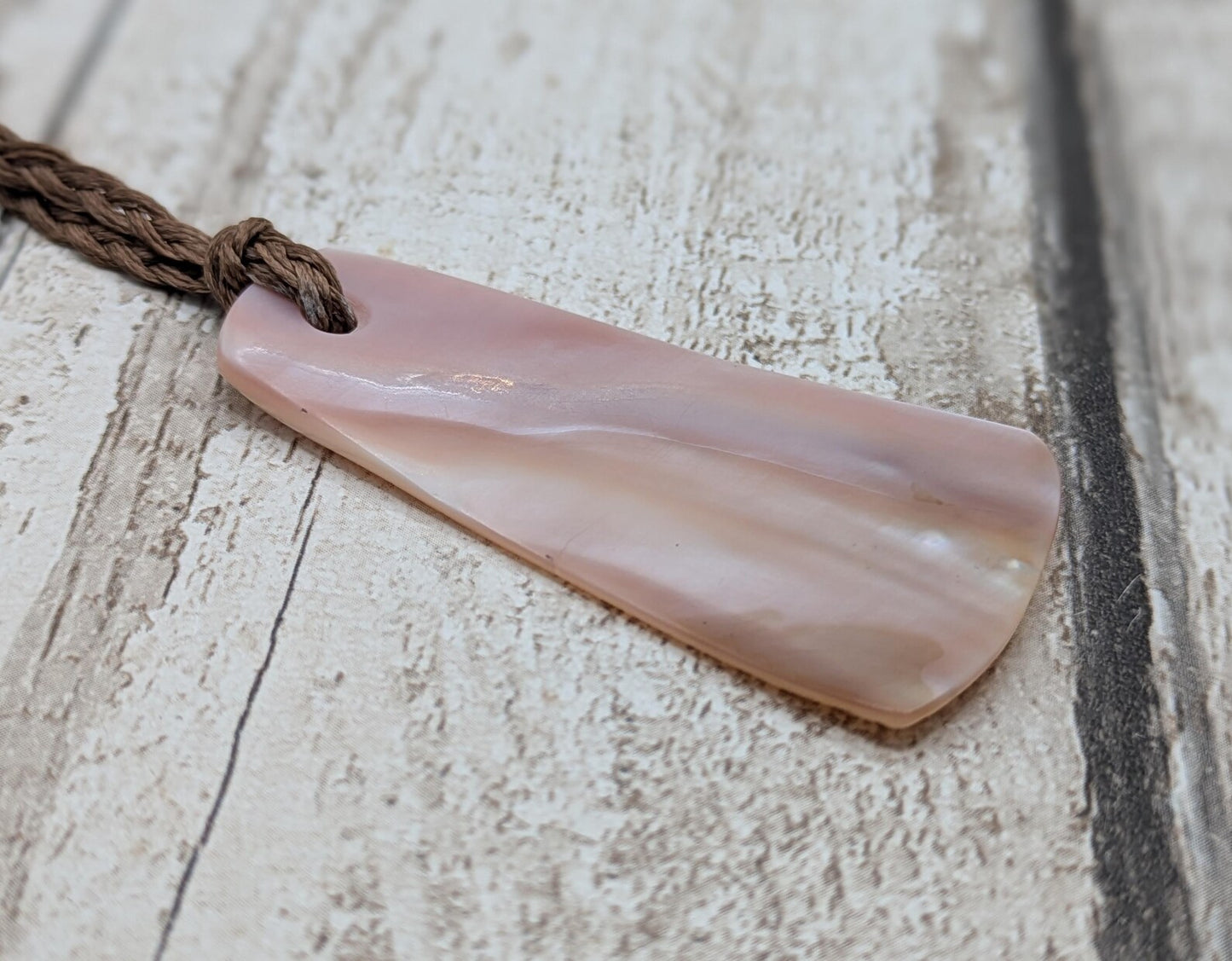 New Zealand Fresh water pink mussel shell roimata styled pendant.