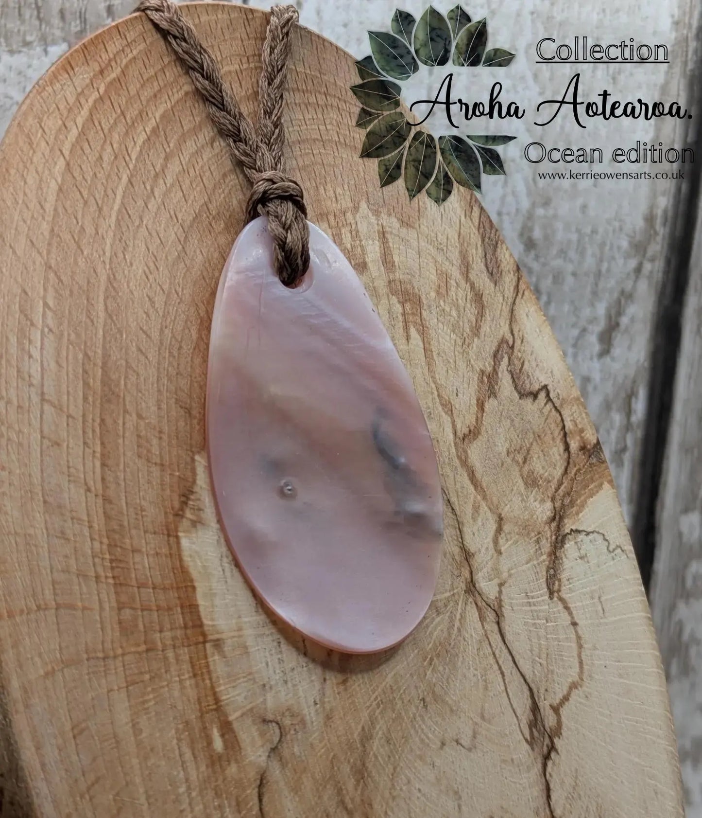 New Zealand Freshwater pink mussel shell tear drop pendant.