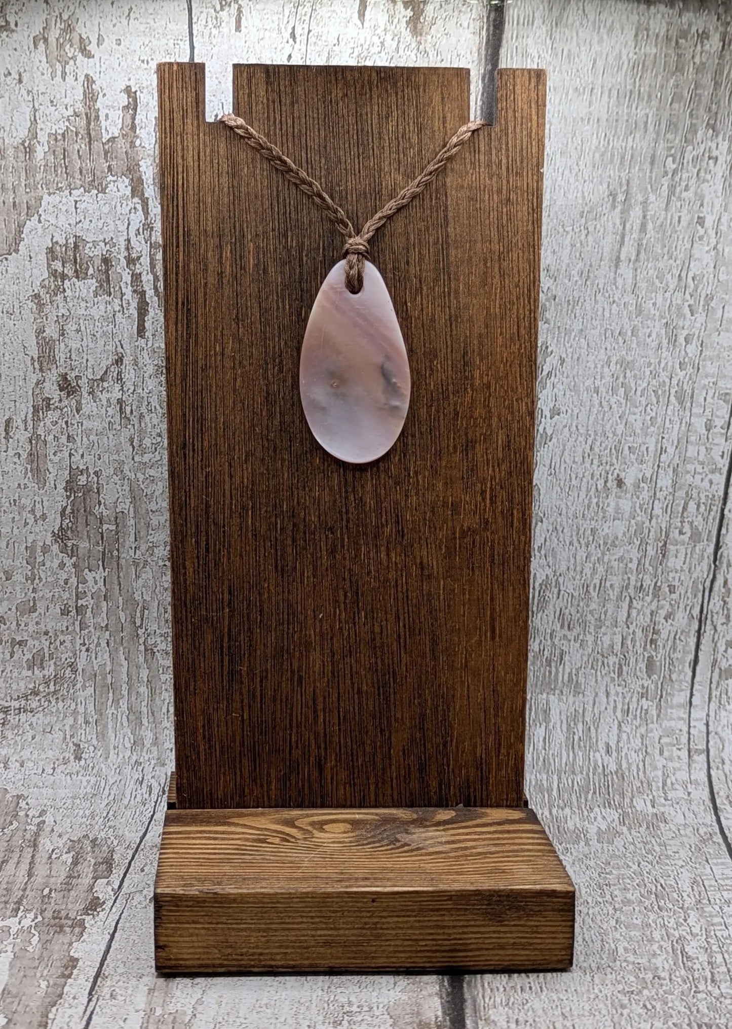 New Zealand Freshwater pink mussel shell tear drop pendant.