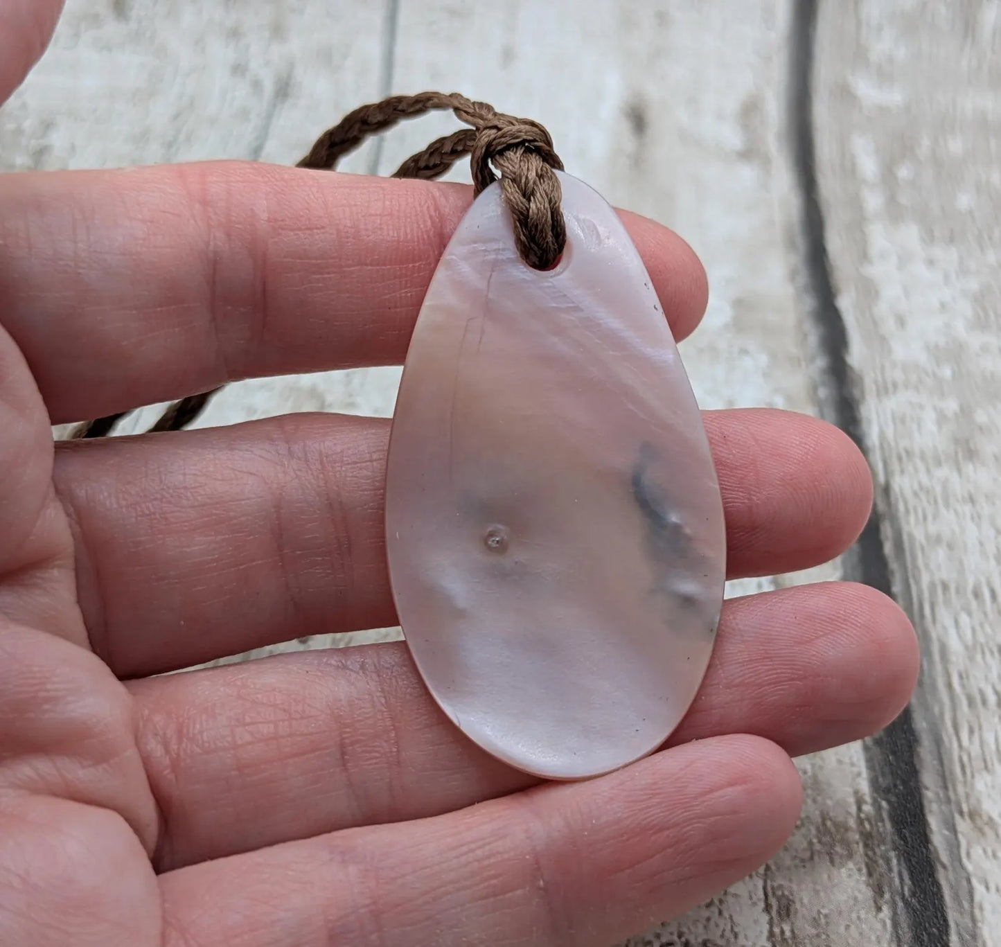New Zealand Freshwater pink mussel shell tear drop pendant.