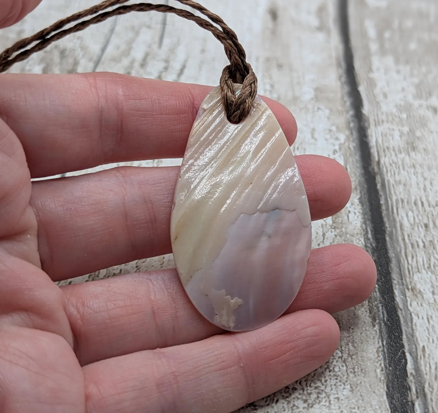 New Zealand Freshwater pink mussel shell tear drop pendant.