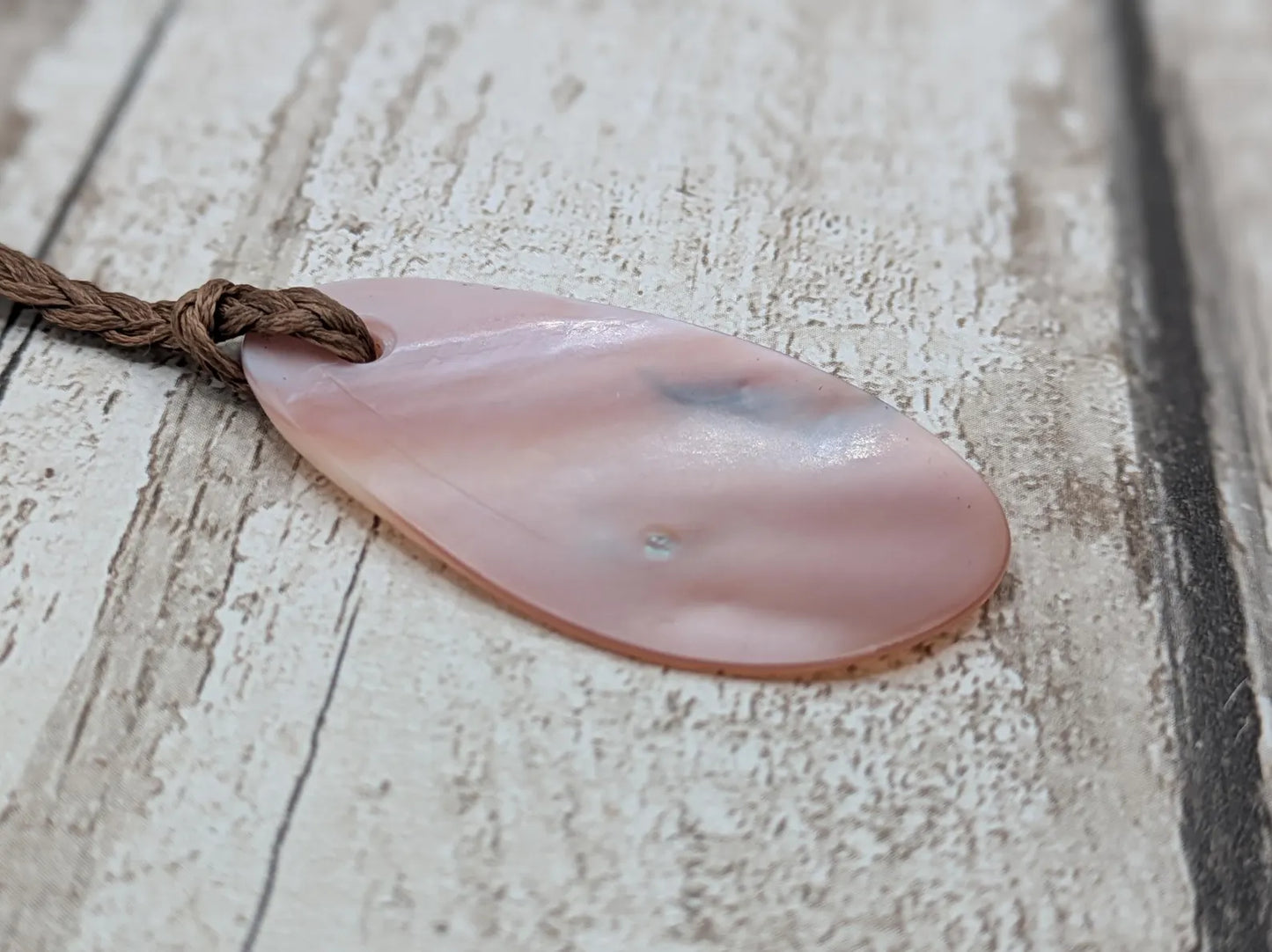 New Zealand Freshwater pink mussel shell tear drop pendant.