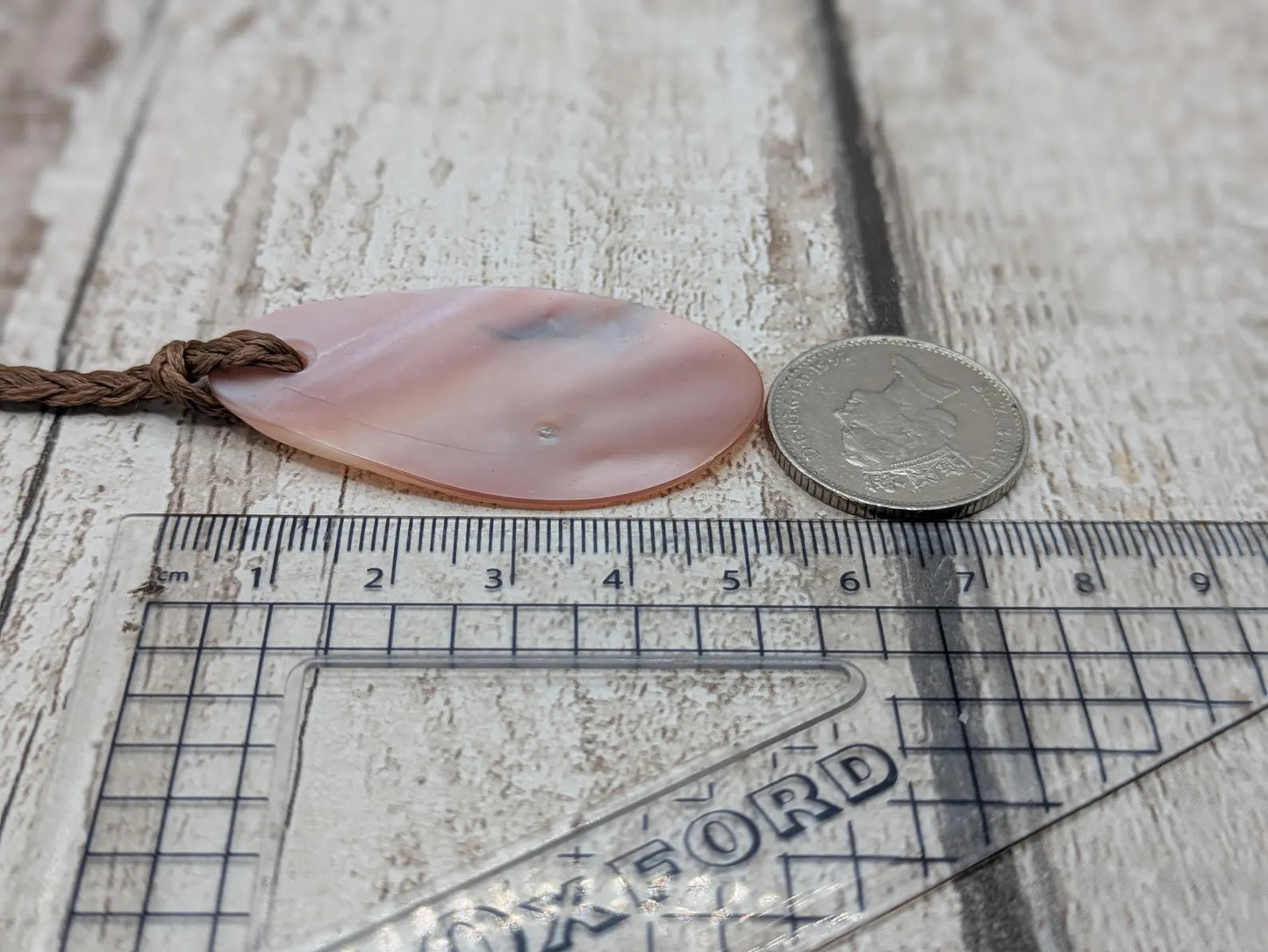 New Zealand Freshwater pink mussel shell tear drop pendant.