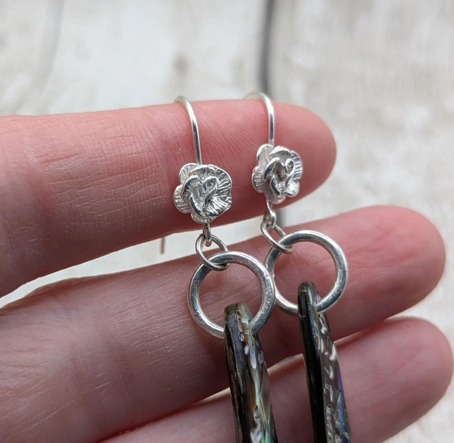 Hand-Polished Kaikōura Pāua Shell fish hook Earrings – Long Drop 925 Sterling Silver wild beachcombed Abalone unisex ocean themed Jewellery