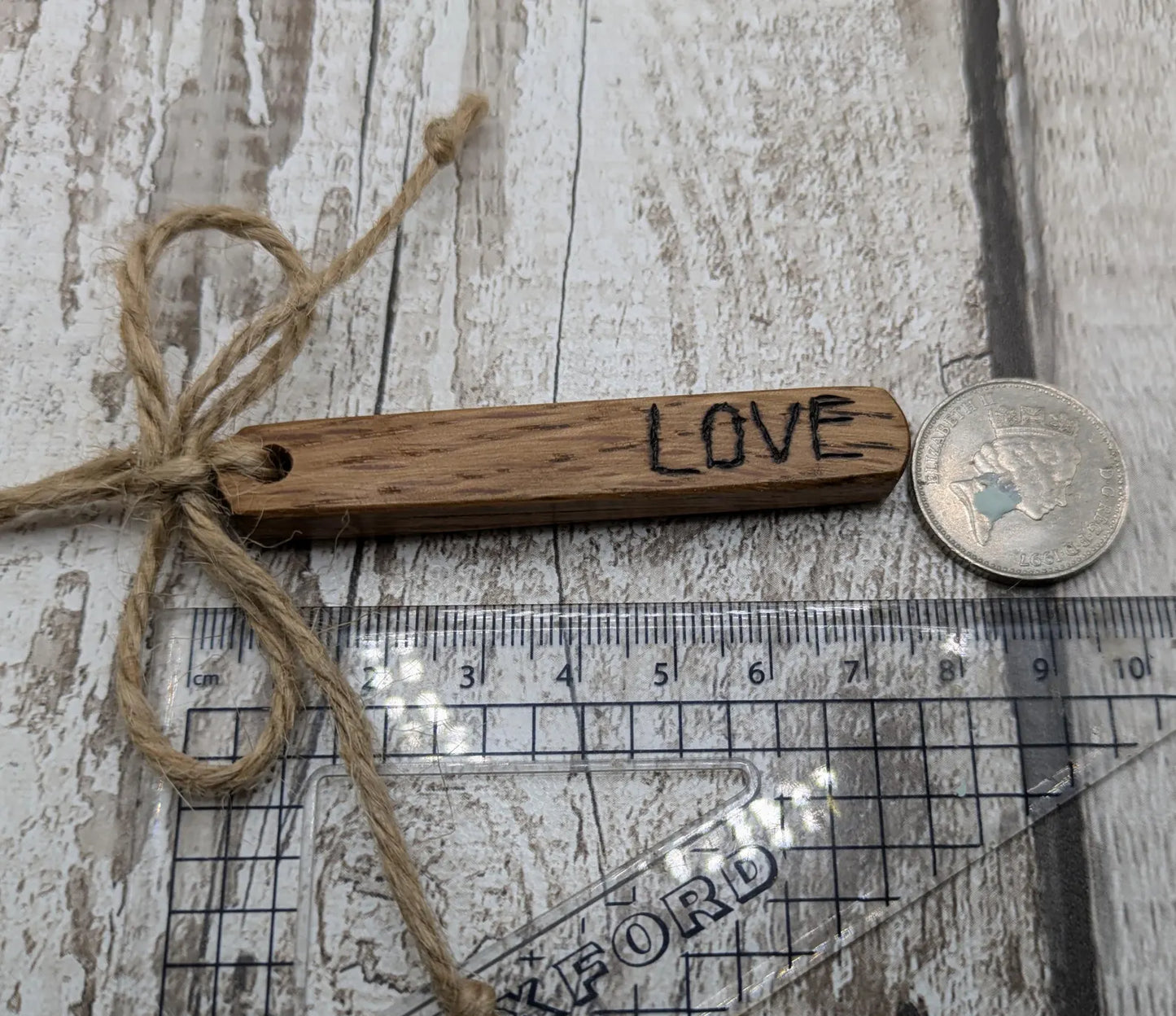 3 pack Oak wood love, peace and Noel hanging Christmas decoration.