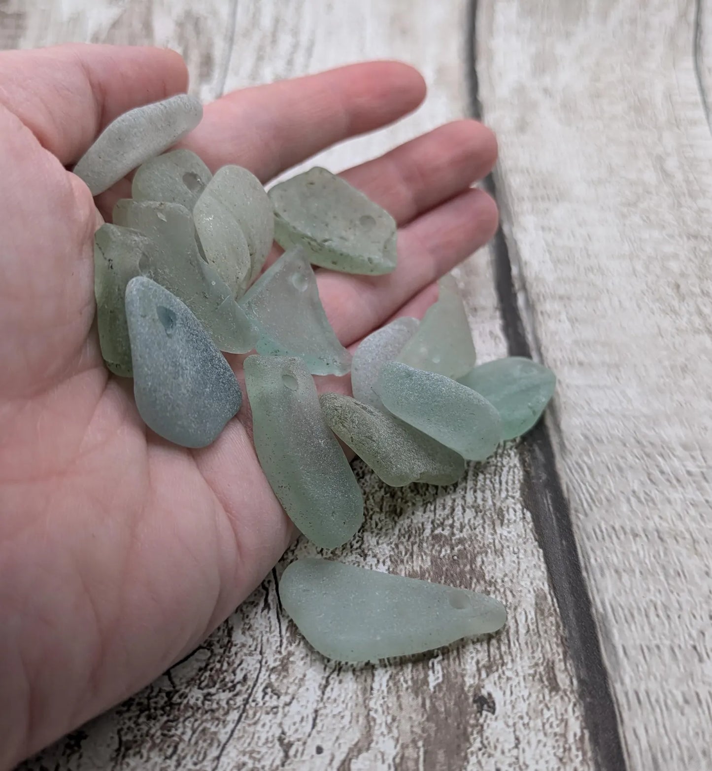20 small Teal Sea Glass Hand Drilled Beads.