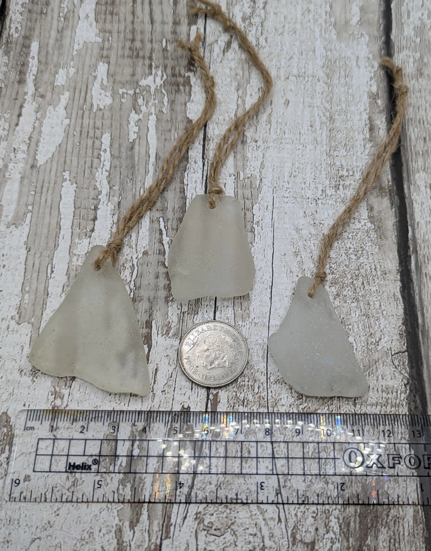 Coastal Charm: 3 Pack White Frosted Sea Glass Christmas Decorations. Made to order.