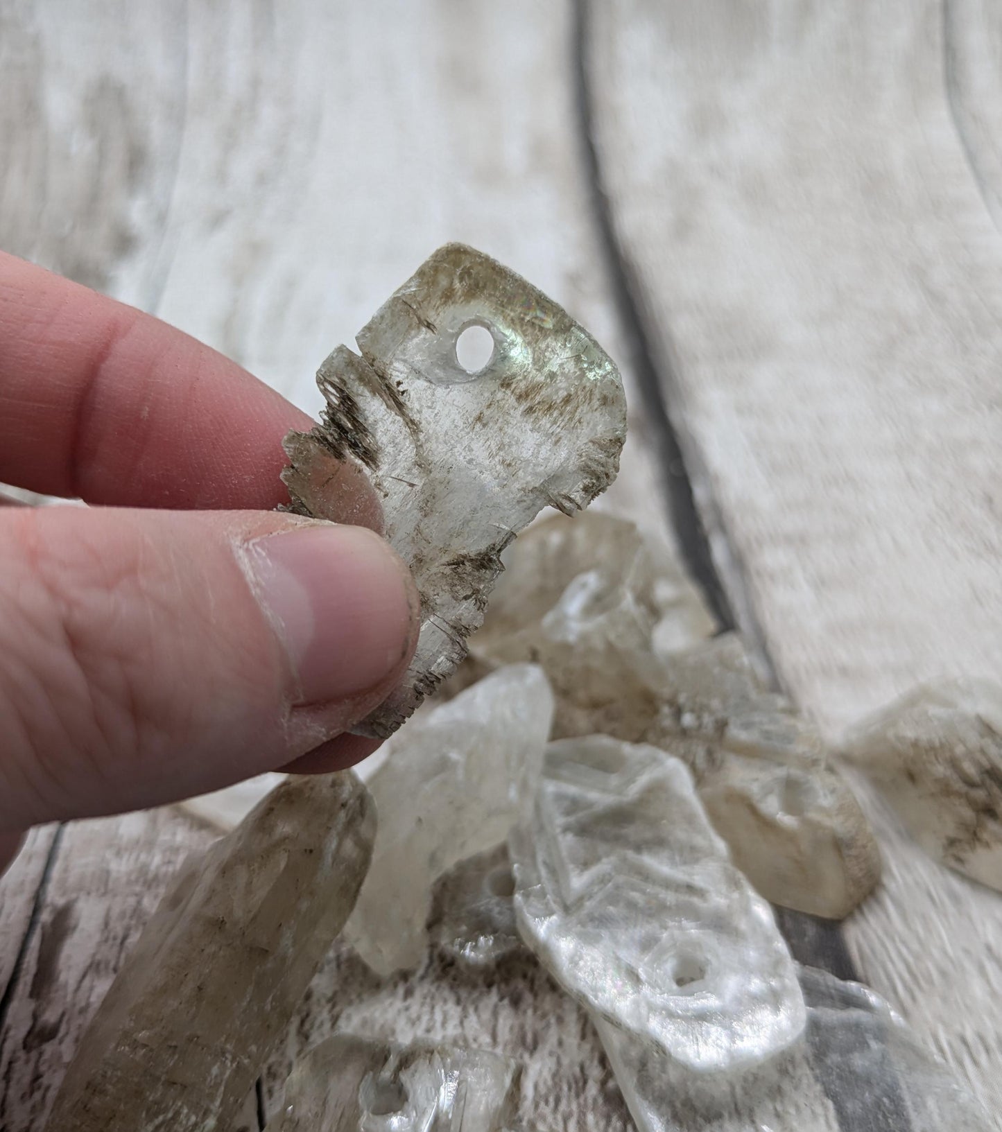 Top drilled sheppy selenite beads.