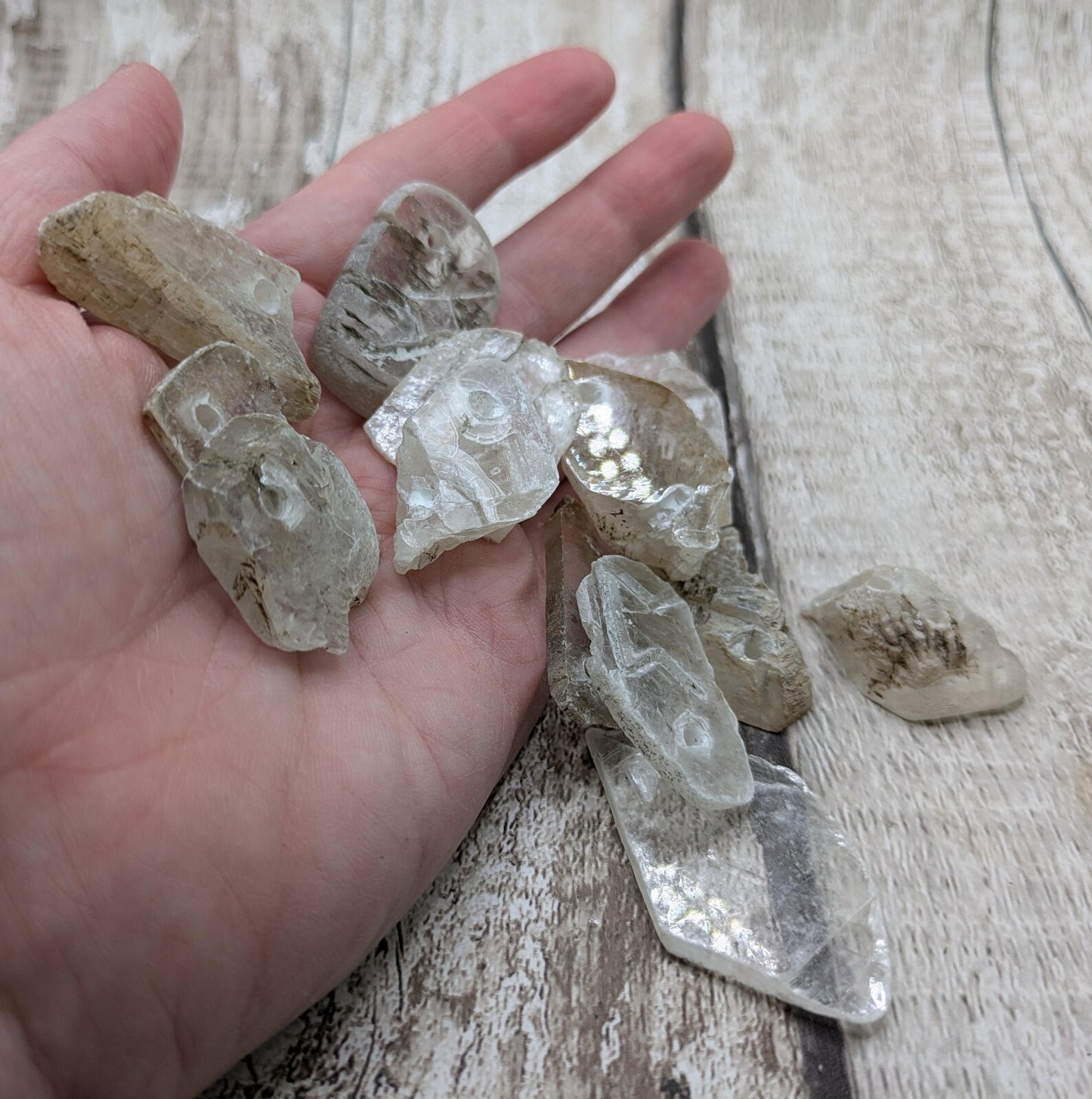 Top drilled sheppy selenite beads.