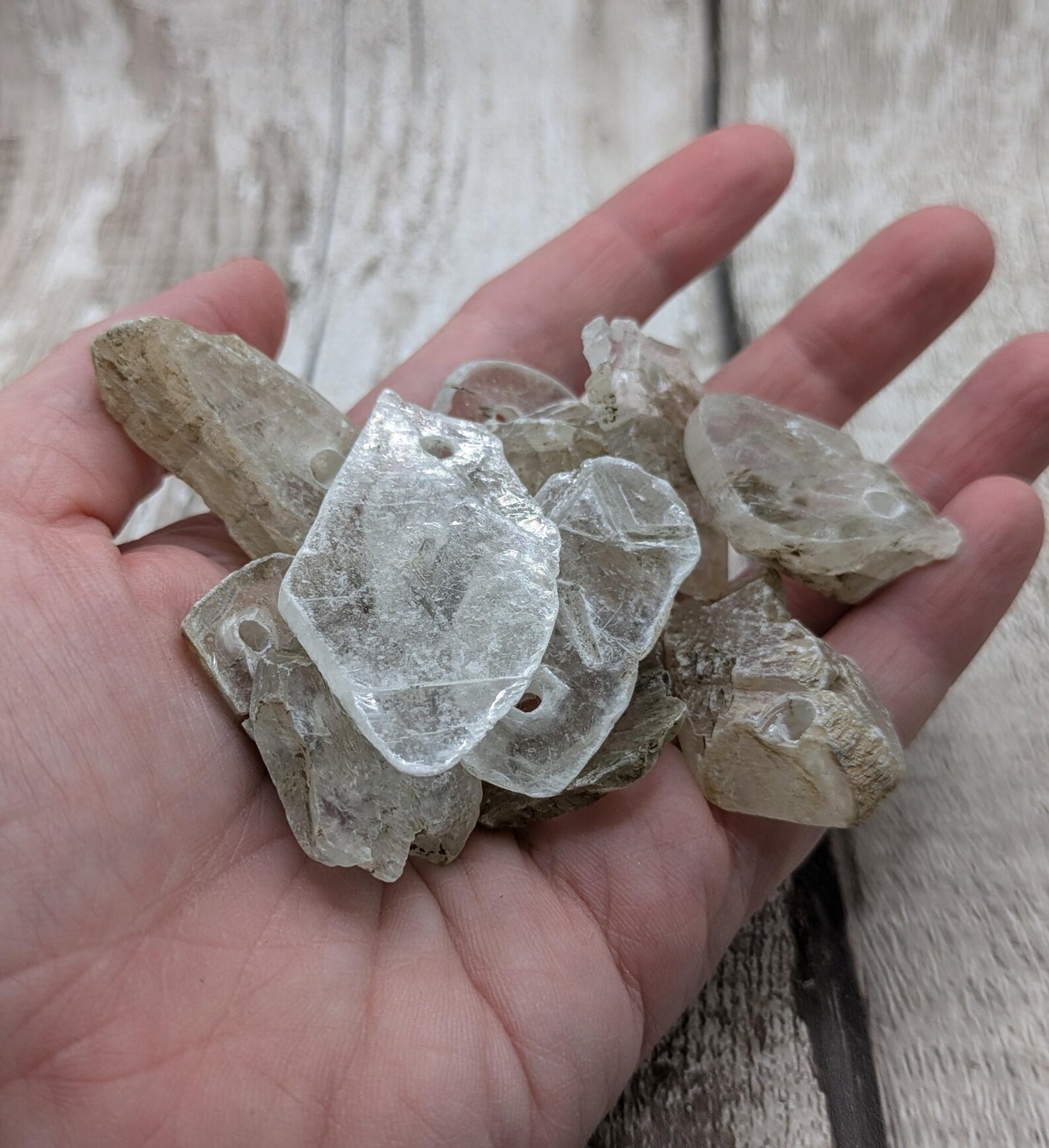 Top drilled sheppy selenite beads.