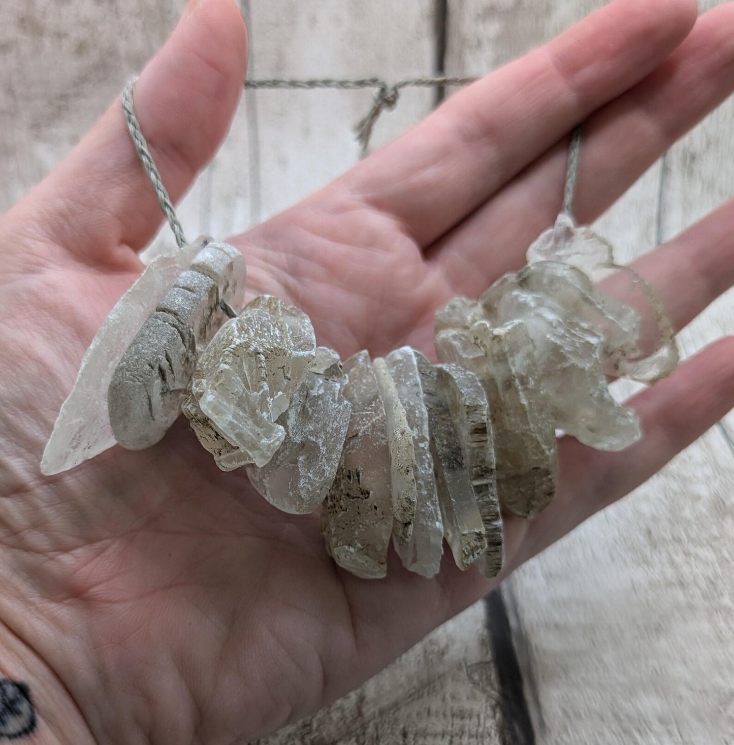 Top drilled sheppy selenite beads.