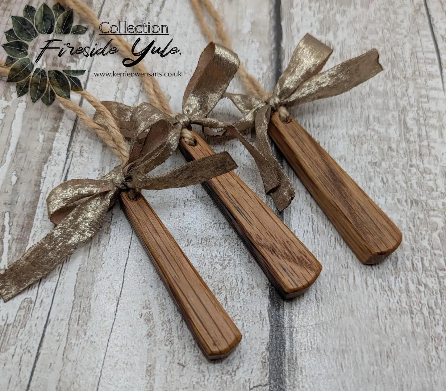 Set of Three Whiskey Barrel Oak Teardrop Christmas Ornaments – Recycled Wood Yule Decorations with Jute Hanging cord and Gold Ribbon.