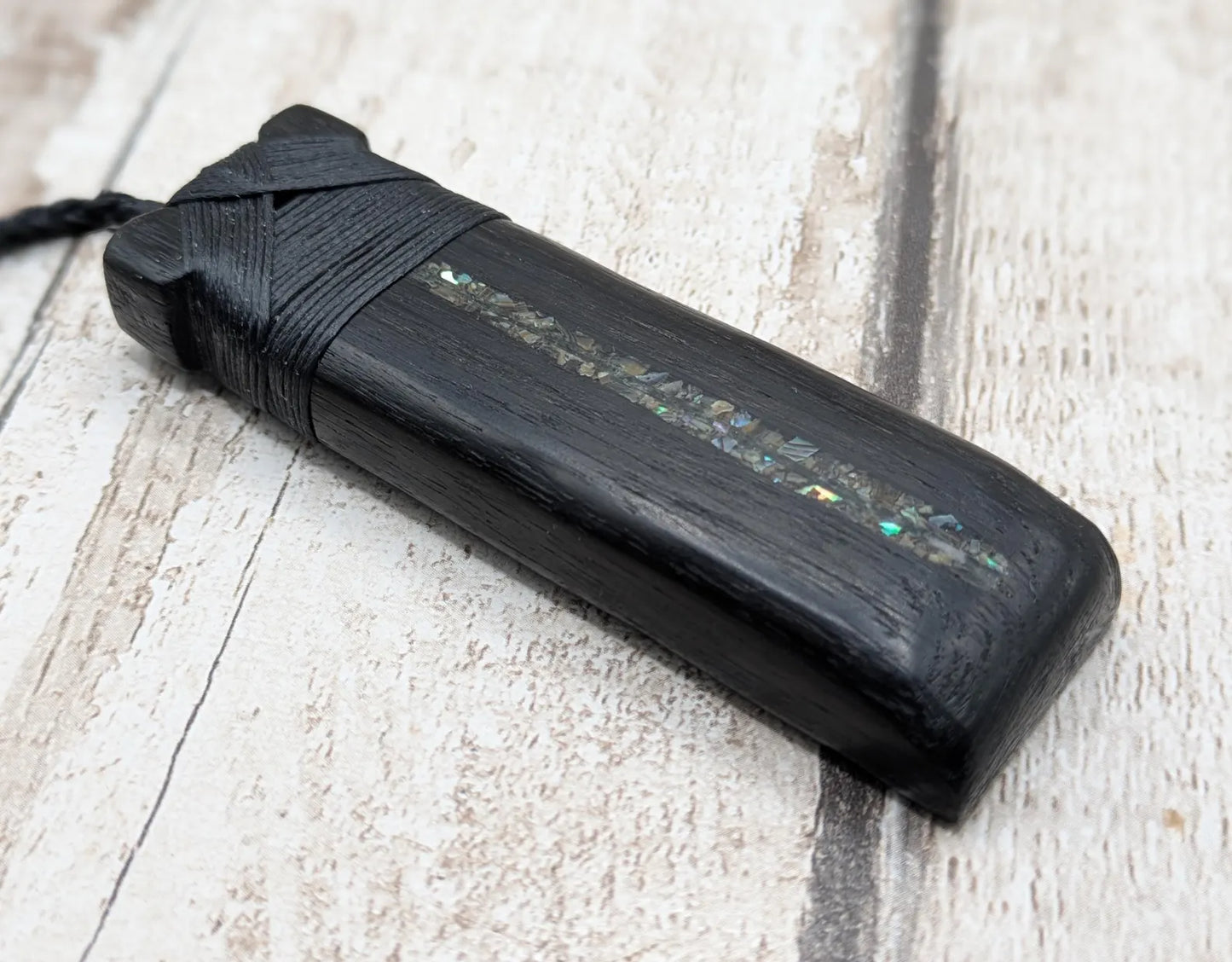 Fenland bog oak wood pendant hei toki adze with pāua shell and pounamu - Māori Inspired Adze, Ancient British Wood.