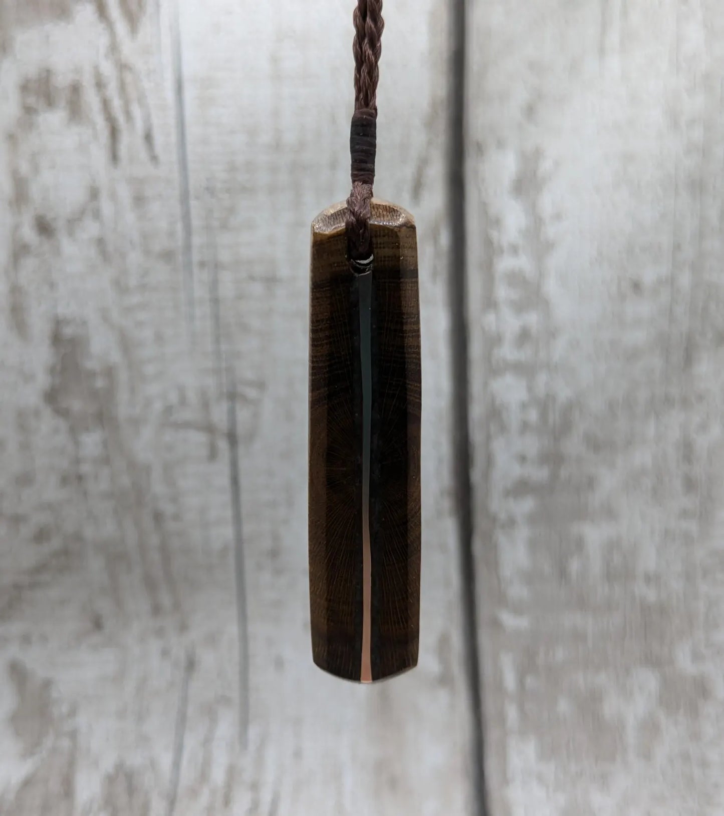 Laburnum wood with blue kyanite and copper pendant.