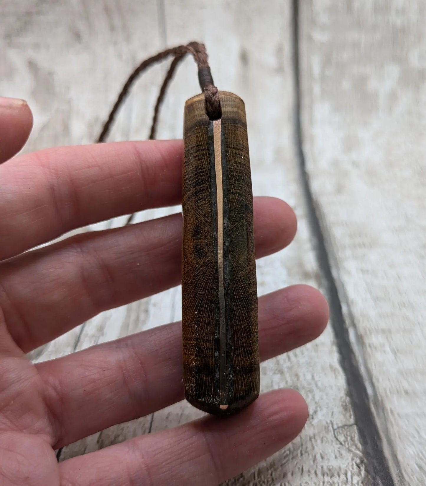 Laburnum wood with blue kyanite and copper pendant.