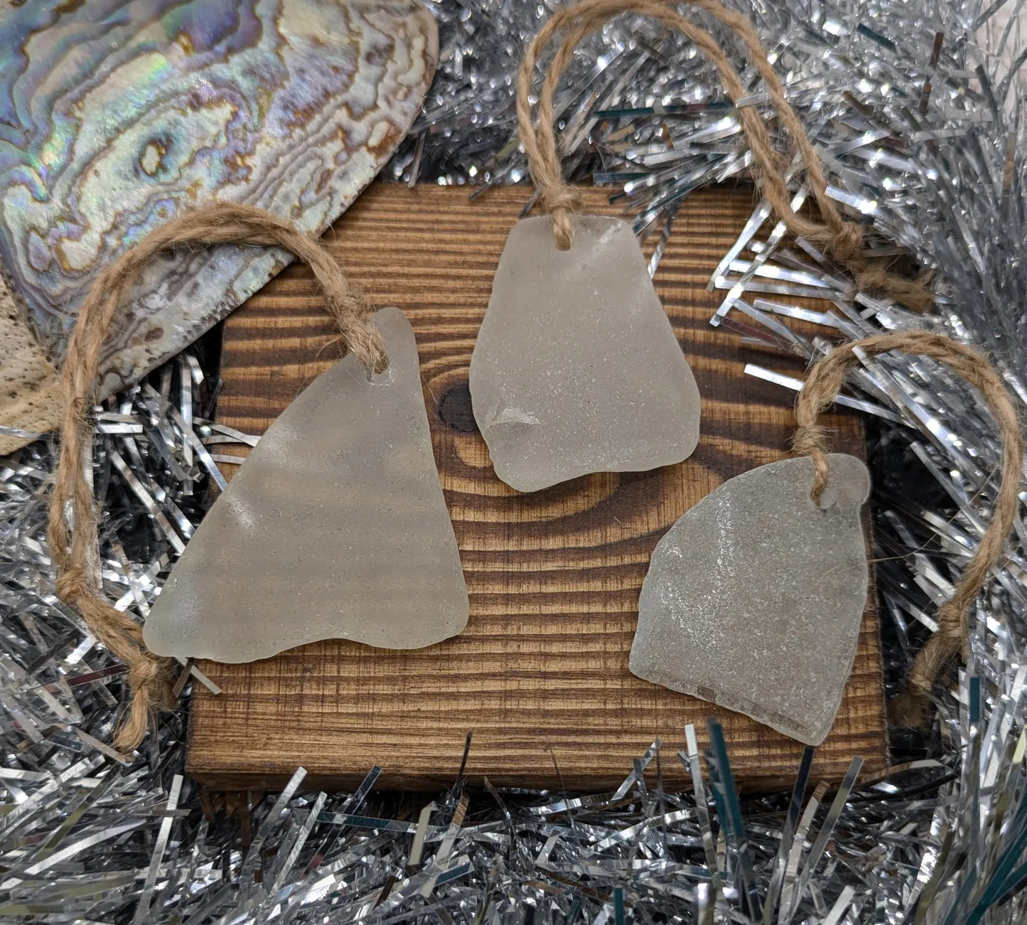 Coastal Charm: 3 Pack White Frosted Sea Glass Christmas Decorations. Made to order.