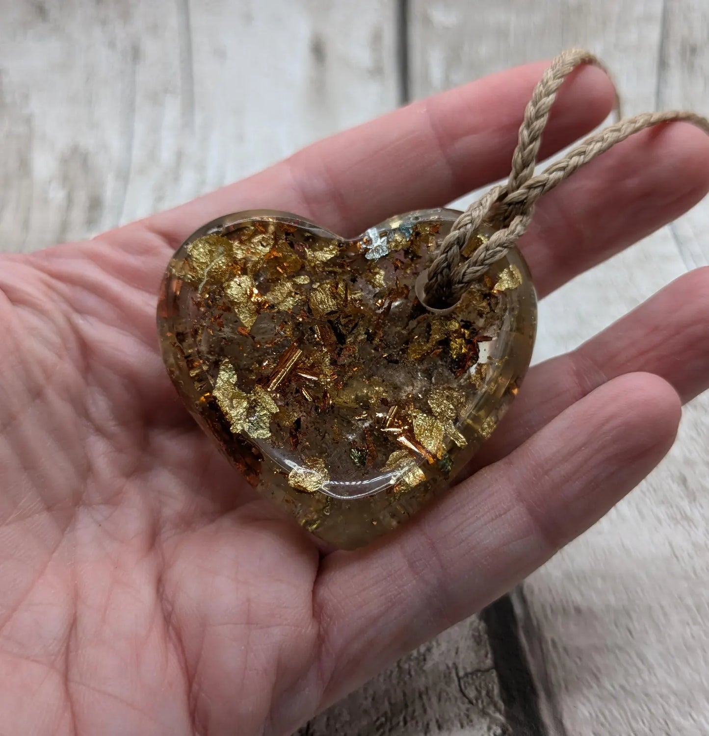 Sheppy selenite in epoxy resin heart shape with brass leaf Christmas decoration.