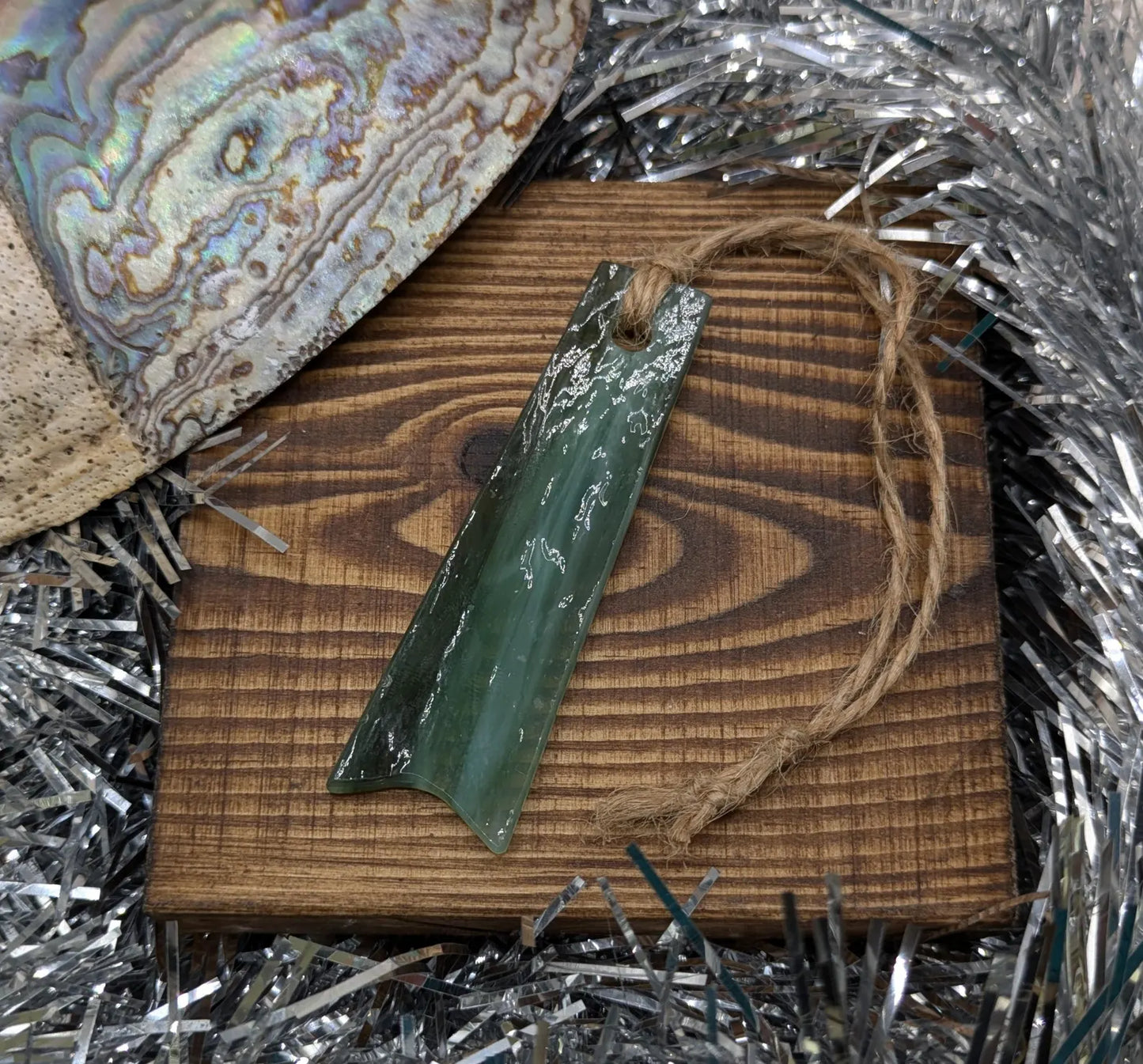 Recycled green stain glass toki Christmas decoration.