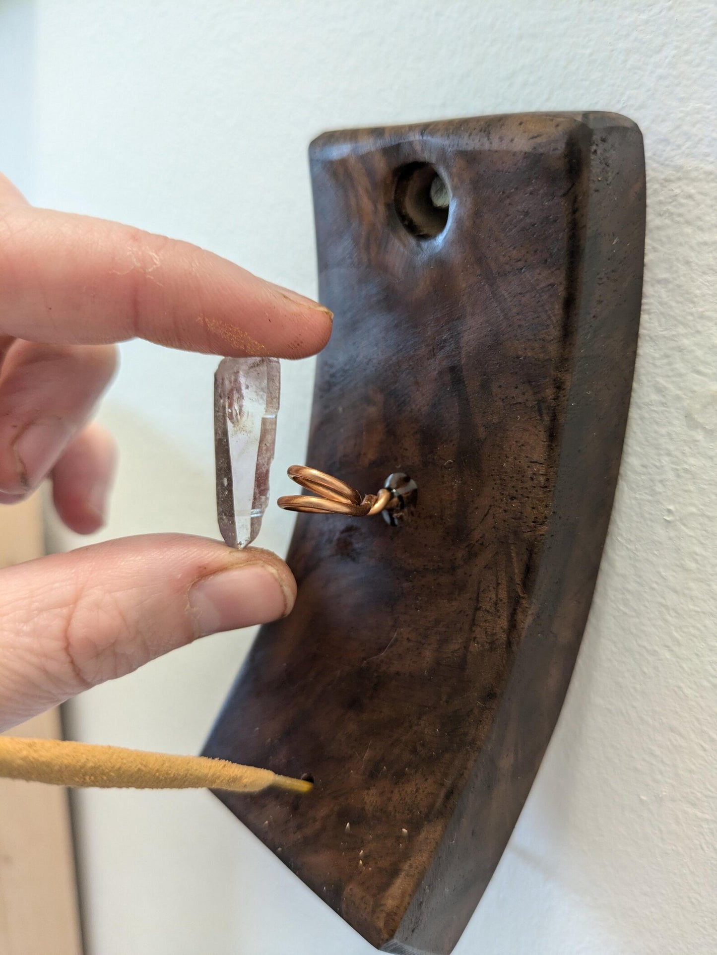 Walnut wood hanging incense holder with Vera Cruz amethyst.