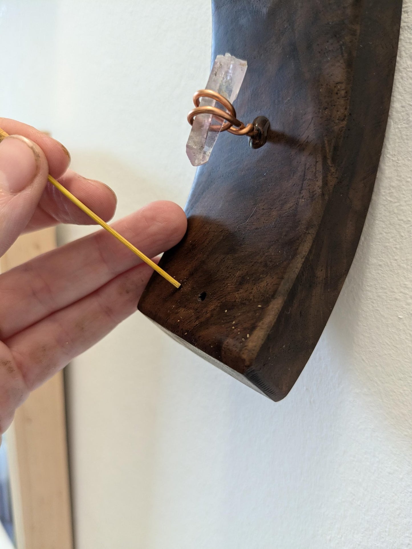 Walnut wood hanging incense holder with Vera Cruz amethyst.