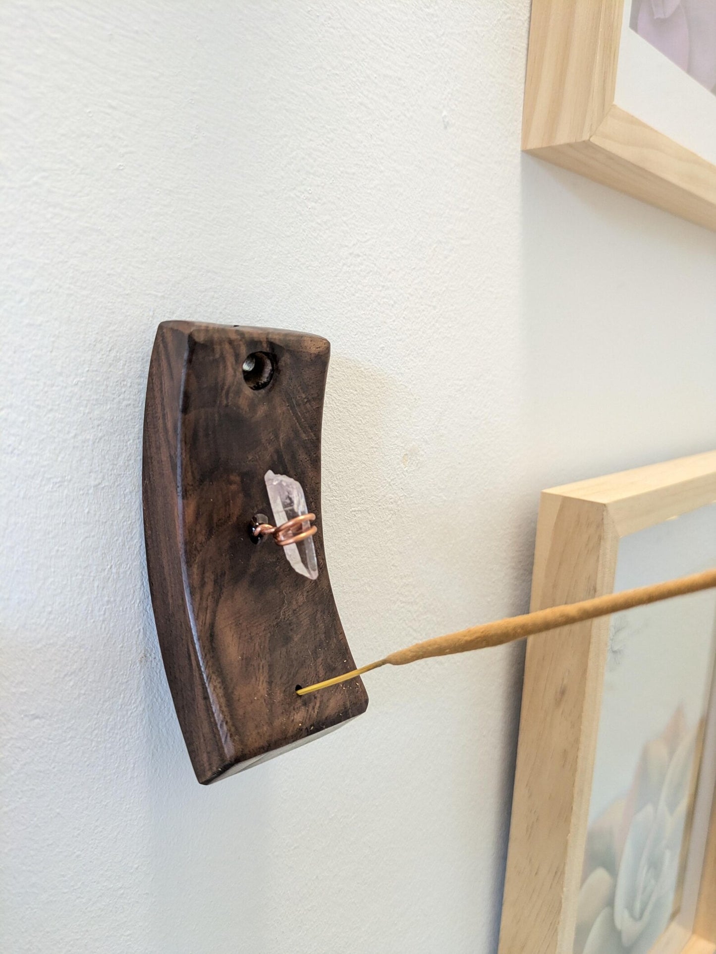 Walnut wood hanging incense holder with Vera Cruz amethyst.