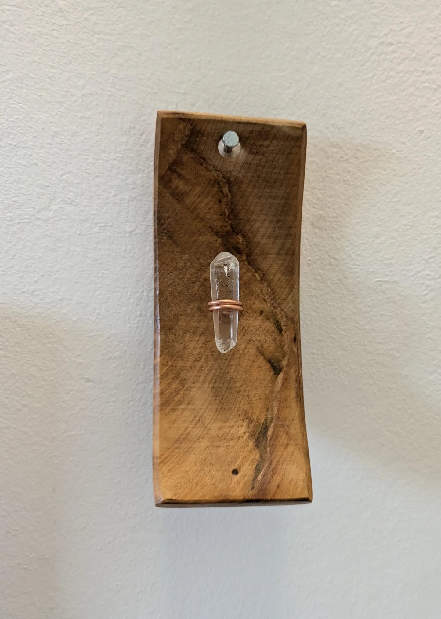 Recycled wood wall hanging incense holder with Tibetan quartz.