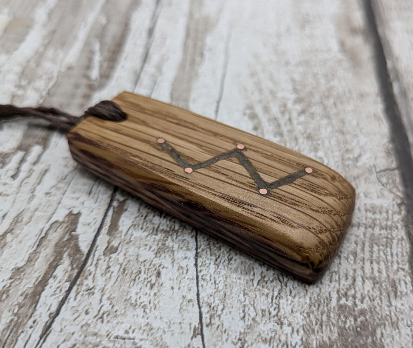 Whiskey barrel oak Cassiopeia constellation pendant.