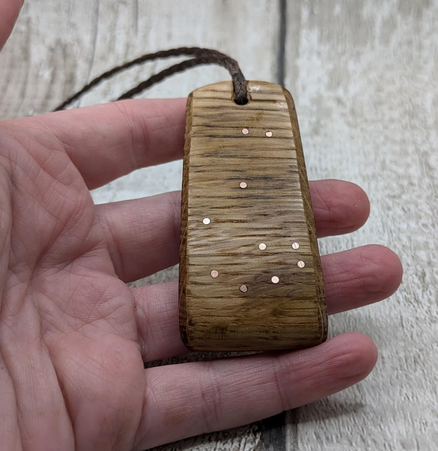 Whiskey barrel oak wood Pleiades star cluster constellation pendant.