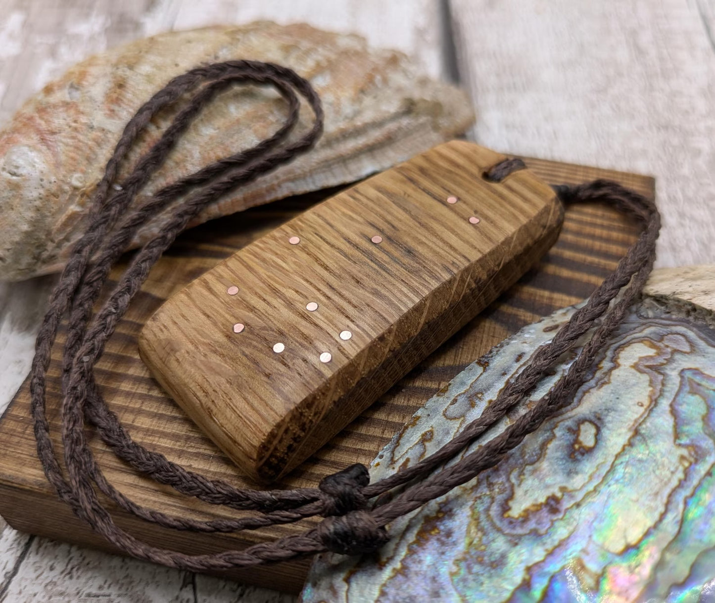 Whiskey barrel oak wood Pleiades star cluster constellation pendant.