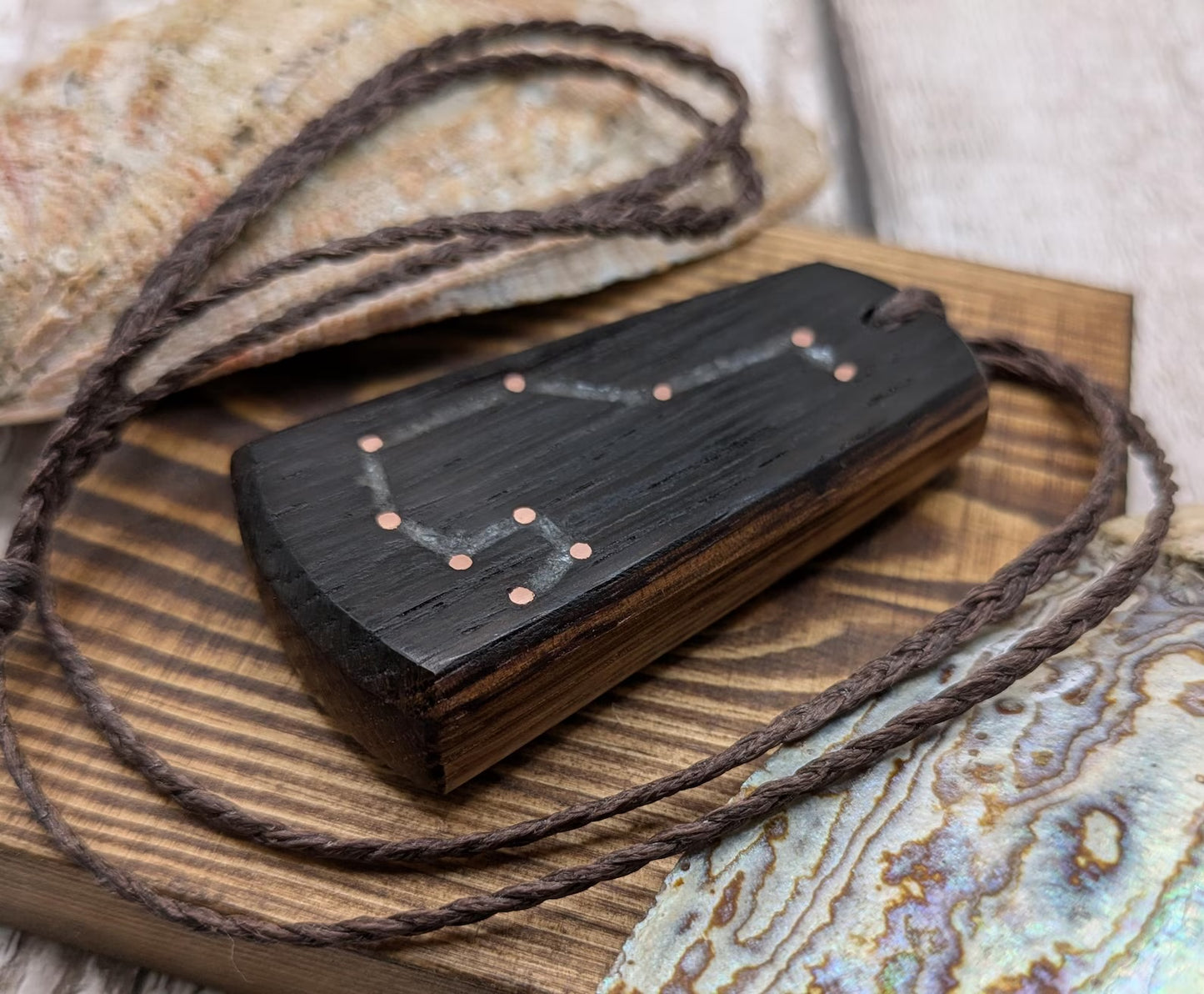 Whiskey barrel oak Pleiades star system pendent.