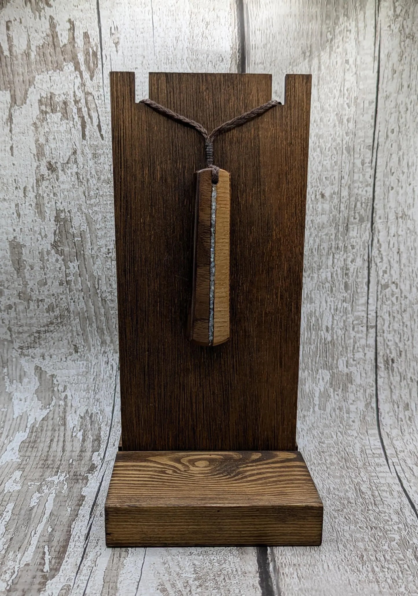 Walnut wood and whiskey barrel oak roimata pendant with freshwater Pearl.