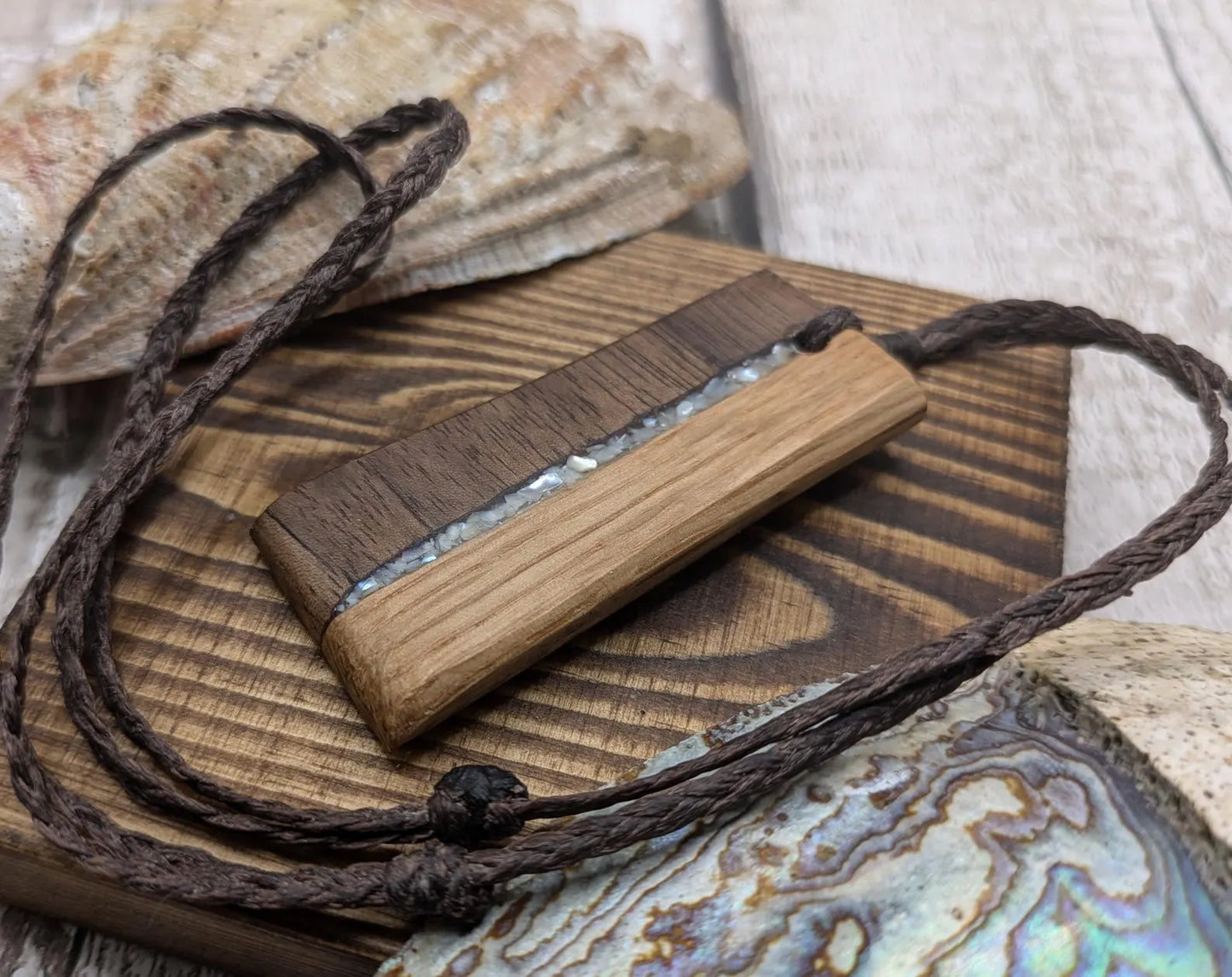 Walnut and whiskey barrel oak wood Toki style pendant with freshwater Pearl.