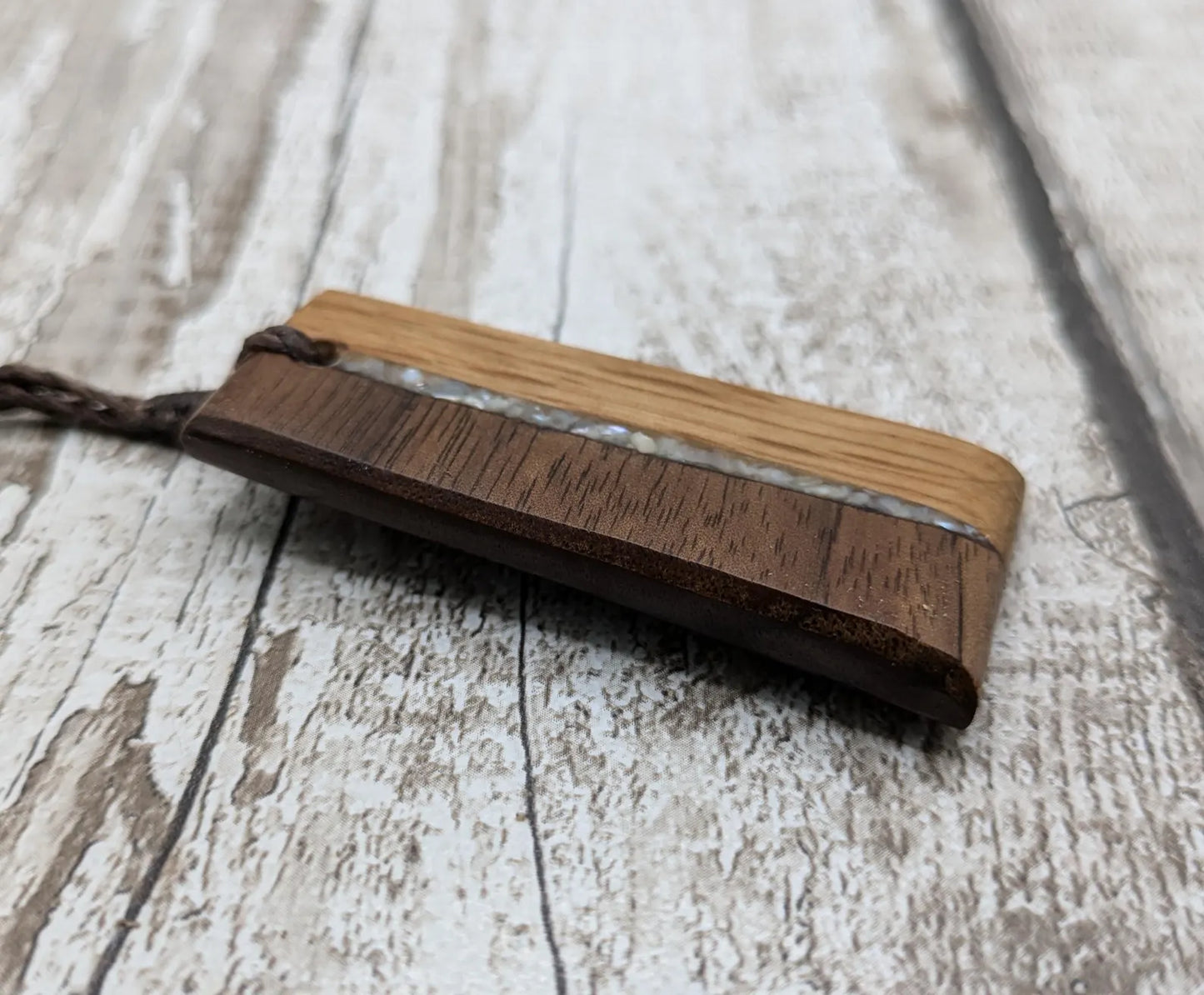 Walnut and whiskey barrel oak wood Toki style pendant with freshwater Pearl.