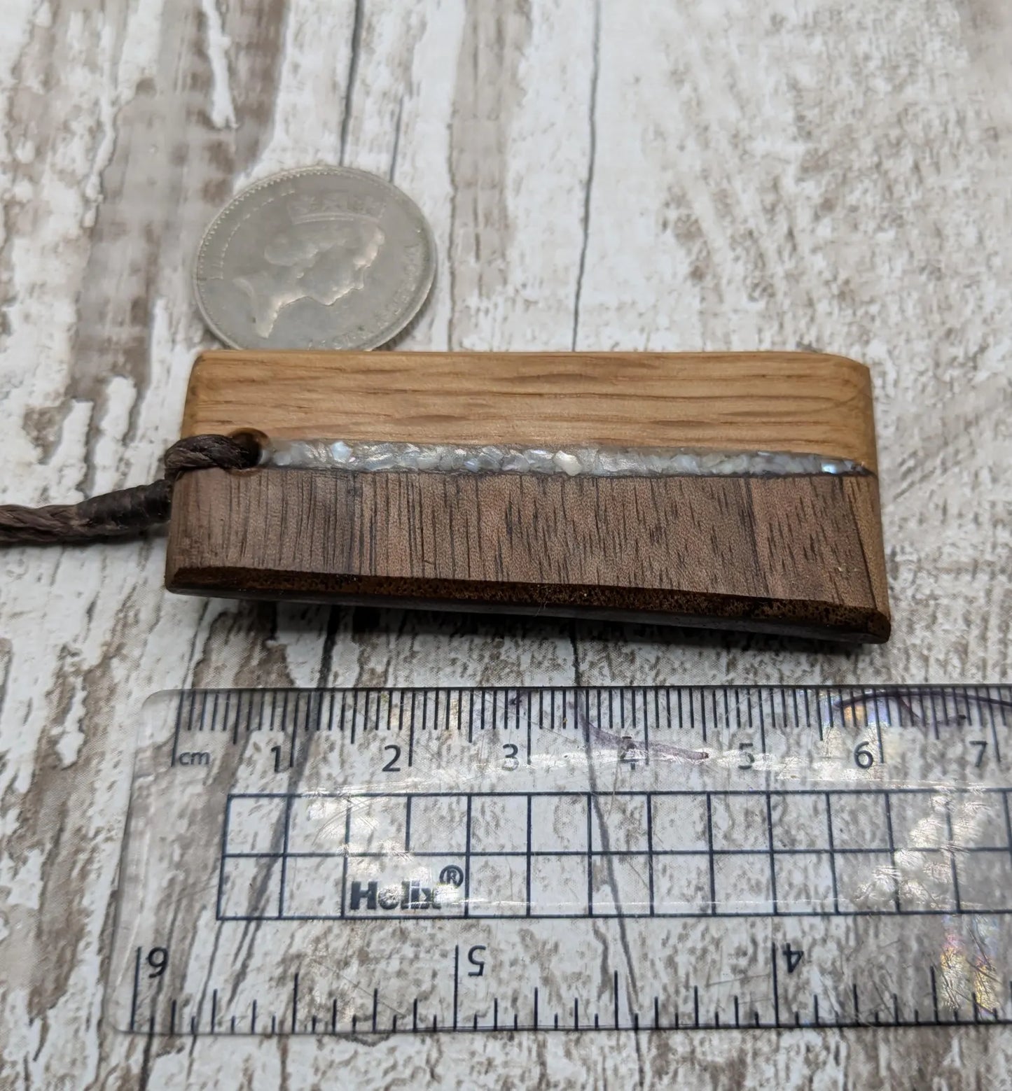 Walnut and whiskey barrel oak wood Toki style pendant with freshwater Pearl.