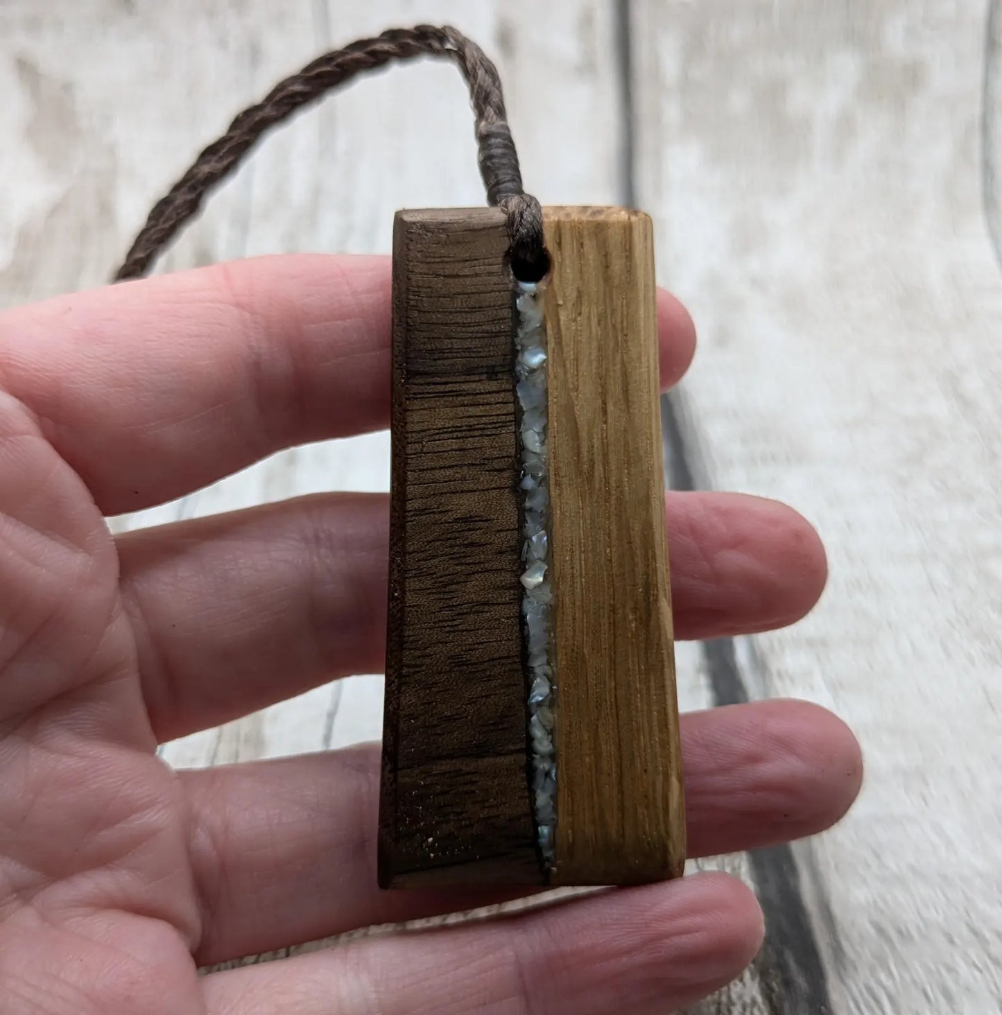 Walnut and whiskey barrel oak wood Toki style pendant with freshwater Pearl.