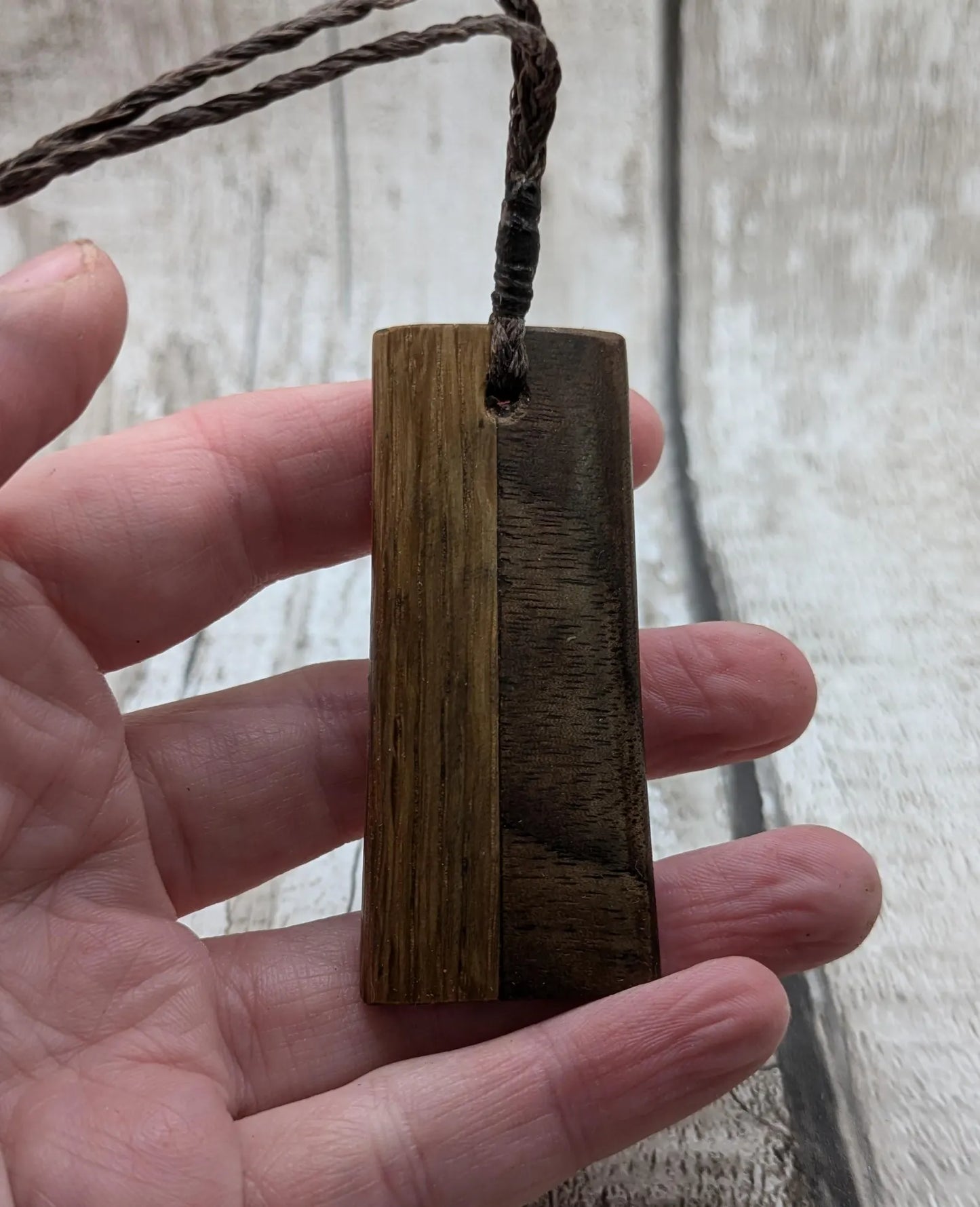 Walnut and whiskey barrel oak wood Toki style pendant with freshwater Pearl.