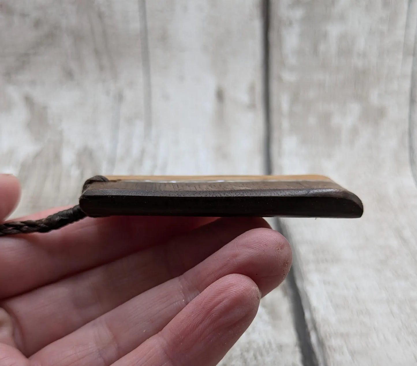 Walnut and whiskey barrel oak wood Toki style pendant with freshwater Pearl.